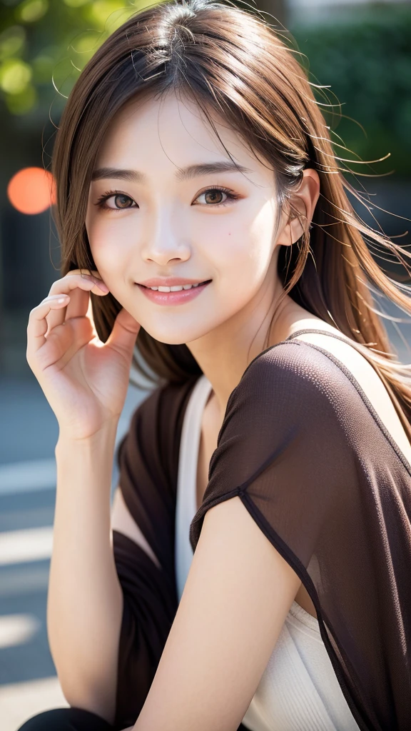 With the alleys of Kyoto as the background、18 years old girl、of、facing forward、Light eye makeup、brown hair color、Flat 、hair blowing in the wind、Actress of quality、Shining of, Surreal face、Smile expression、moist eyes、look up、Calm of lighting effects、 Ultra-realistic capture、Very detailed、High resolution 16k human skin。Skin texture must be natural、Must be fine enough to see the pores、Skin health、The tone must be even、Use natural light and color、Model agency takes high-quality photos'Dedicated photographer、Smile