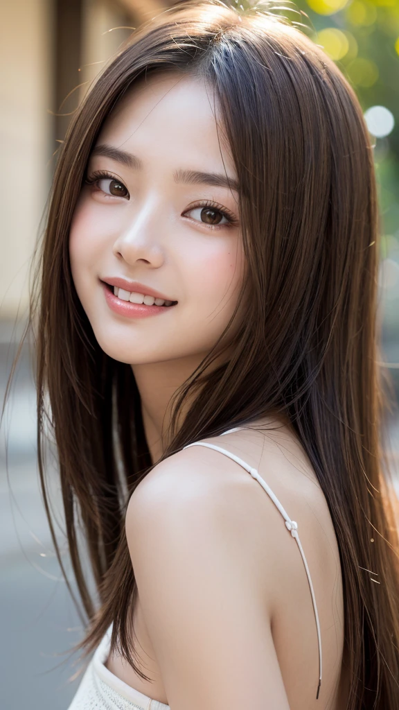 With the alleys of Kyoto as the background、18 years old girl、of、facing forward、Light eye makeup、brown hair color、Flat 、hair blowing in the wind、Actress of quality、Shining of, Surreal face、Smile expression、moist eyes、look up、Calm of lighting effects、 Ultra-realistic capture、Very detailed、High resolution 16k human skin。Skin texture must be natural、Must be fine enough to see the pores、Skin health、The tone must be even、Use natural light and color、Model agency takes high-quality photos&#39;Dedicated photographer、Smile