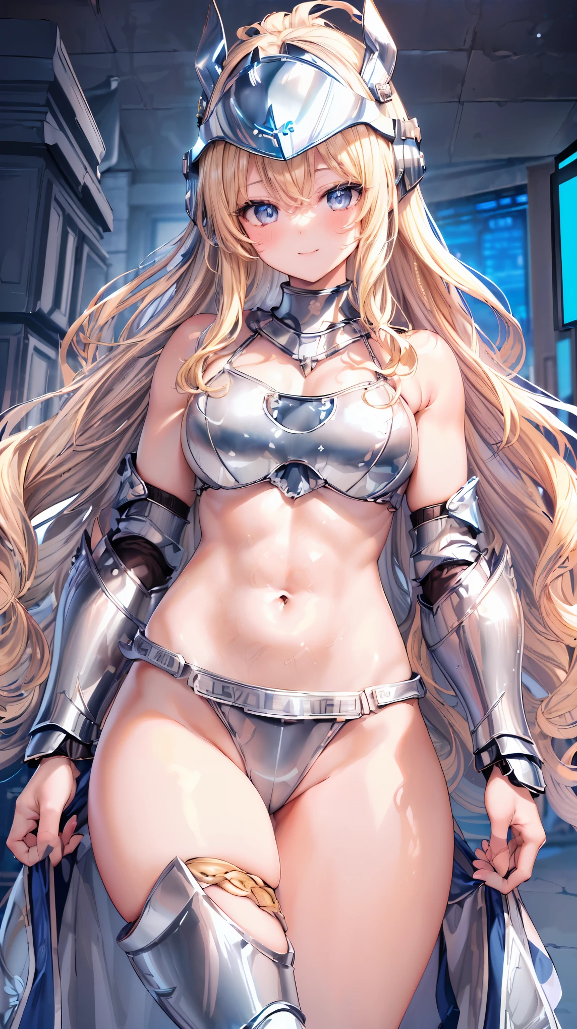 Very detailed、highest quality、Best image quality、masterpiece、8k、Anime Face、A kind smile、Open your mouth、Sparkling blue eyes、(Blonde wavy hair:1.5)、、Muscles of the whole body、camisole、Thigh belt、mini skirt、(Wearing silver bikini armor:1.5)、(Cowboy Shot:1.5)、(Leg armor:1.5)、(Wearing a helmet:1.5)