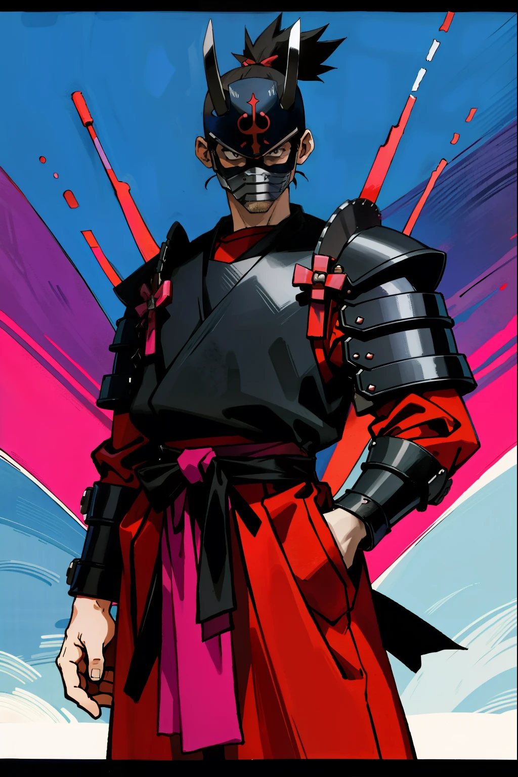 by Ken Sugimori, sugimori 1990s, ((only 1man)), samurai, full plate armor, breastplate, demon samurai mask, full face covered, samurai kabuto, mask, ((hands behind their back)), full black pupils, manga, best quality, highly detailed, clean lines, cowboy shot, good hands, good eyes, hd, 8k, professional, symmetrical, hires, 8k,