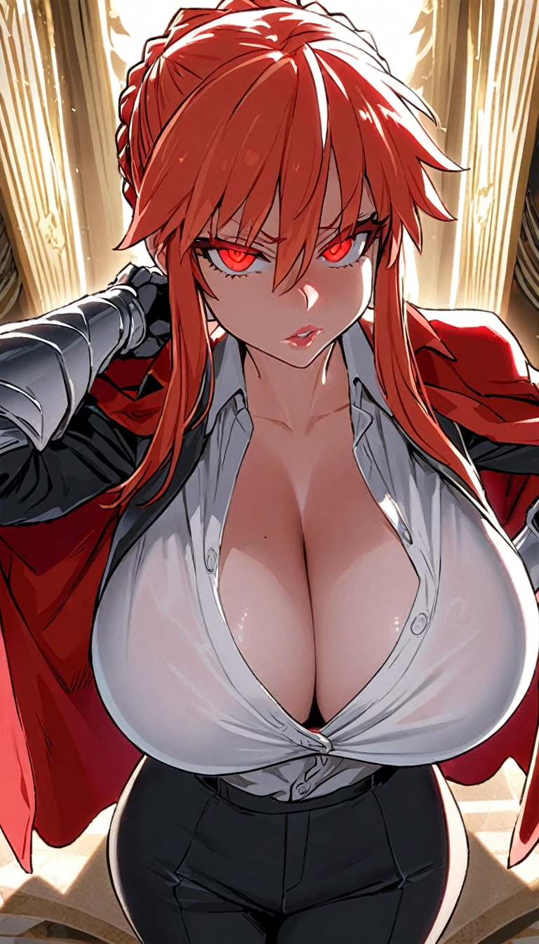 artoria_pendragon_(lancer)_(fate) \(fate/grand_order\), \(fate/grand_order \), 1girl, _female, (red hair, red eyes), fair skin, thick lips, masterpiece, best quality, highres, huge breaste bra, (bra peek), looking at viewer, disgust, cleavage, col unbuttoned shirt, black shirt, (black military uniform), (red_military_jacket), jacket_on_shoulders, black pants, gauntlets, posing, throne room, backlighting