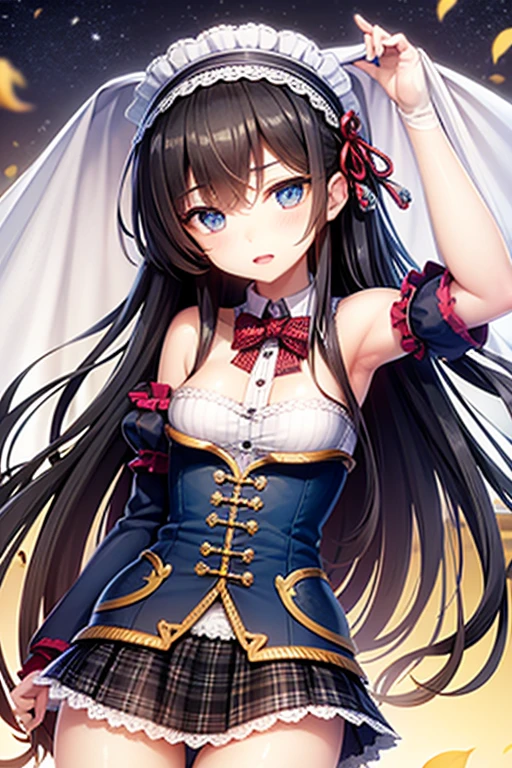 (8k, highest quality, Tabletop:1.2)、Ultra-high resolution、One 16-year-old girl, Detailed face、deep, Beautiful Eyes, blue eyes, Black plaid skirt, Black Hair, Long Hair, Headband on head, White panties, Panty shot, in the forest, Whirlwind