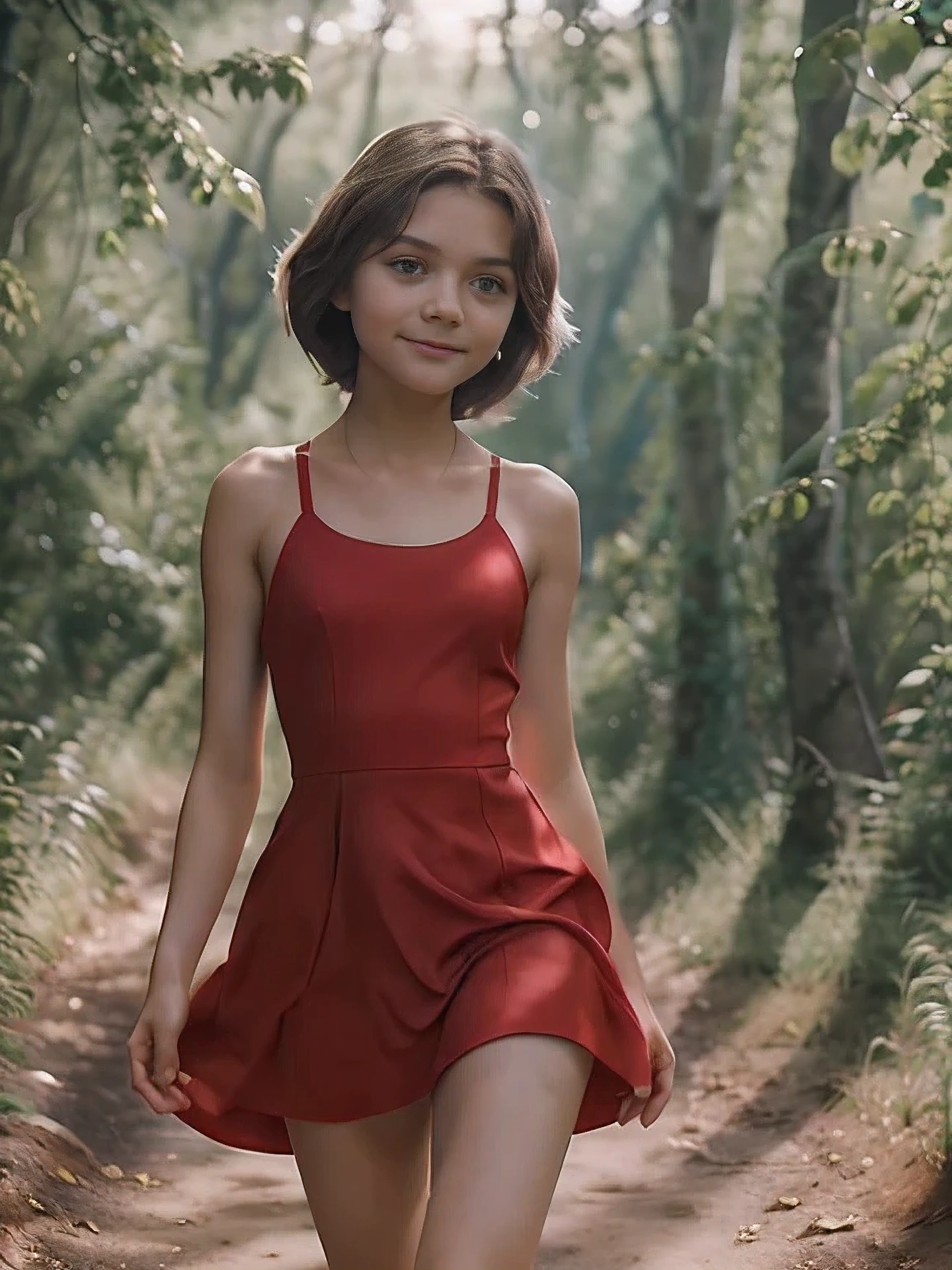 Alisa Selezneva, ******* girl ************ in a tight red dress ,slim build,Nice smile,barefoot on a forest path,the bright sun shines through the foliage,photorealism,8k rendering,Realistic nature,close angle,sexy look,short haircut,Slender tanned legs,thin build, Large head,big eyes,