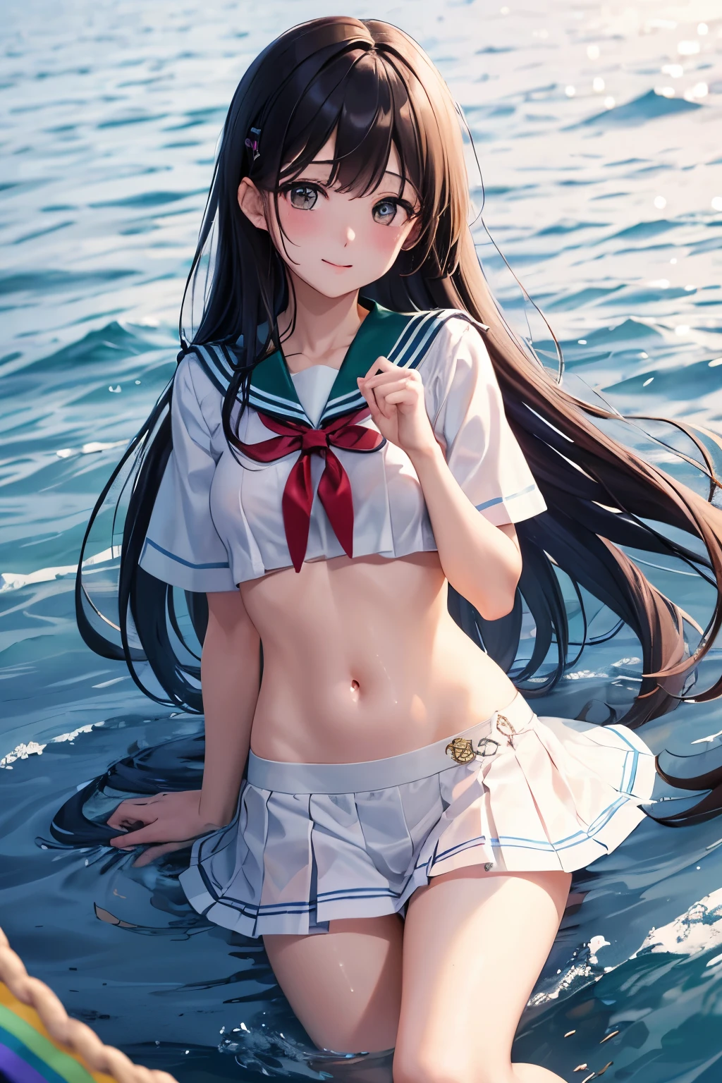 nsfw,(((perfect anatomy,realistic:1.3,RAW Photography:1.3,masterpiece、highest quality、Ultra - High resolution、High resolution、Highly detailed CG、8K))),cowboy shot,1 female,solo,18-year-old、High school girl swordsman、18-year-oldの美少女,Japanese,((beautiful detailed face and eyes:1.3,big gorgeous eyes:1.5,gray eyes,crying)),black hair,long bob hair,(center parted hair,forehead),open mouth,drooling,orgasm face,(medium breasts,slender body,small head:1.3,skinny),((oily skin)),(gleaming skin,shiny skin),((bukkake:1.7)),((School uniform、Sailor suit、Short sleeve、Black sailor collar、Red neckerchief、Pleated black mini skirt、navel、Wet clothes:1.7),(sweat:1.7,camel toe,spread vagina),touch one&#39;s crotch with one&#39;s hand:1.7,squatting,spread legs:1.5,Pool、Outdoor、