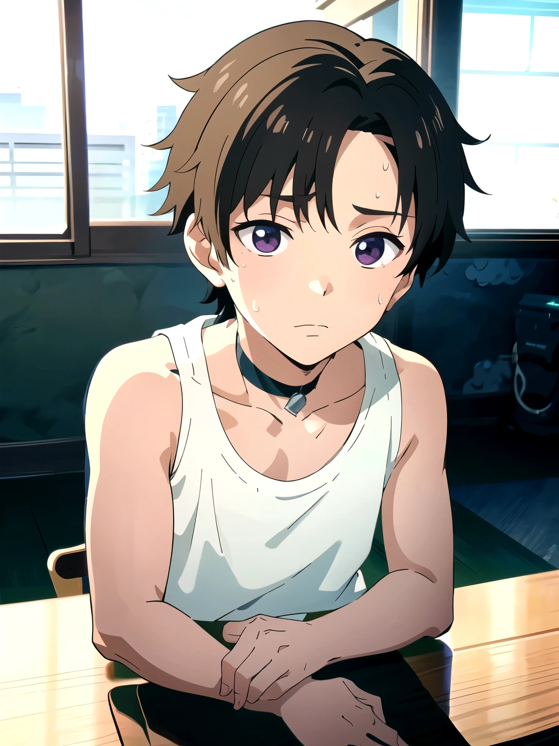 Highres, Masterpiece, Best quality at best,Best Quality,hight quality, hight detailed, 1boy, Boy,Fluffy hair, Side bangs, Shota, Sweat, Tank top, Choker, Collarbone, Depth of field, Anime screencap style, thin line, Sitting on the chair, Seen from the front, Little sweat, Kpop, Cute boy, (very small and short stature), (very young boy), 12-year-old boys, Blurry and simple beckground, bokeh, Uhd