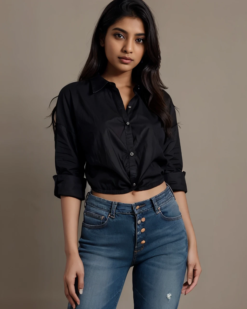 Tanvi in a stylish oversized black shirt with buttons open and a matching jeans. Realistic, best quality image.