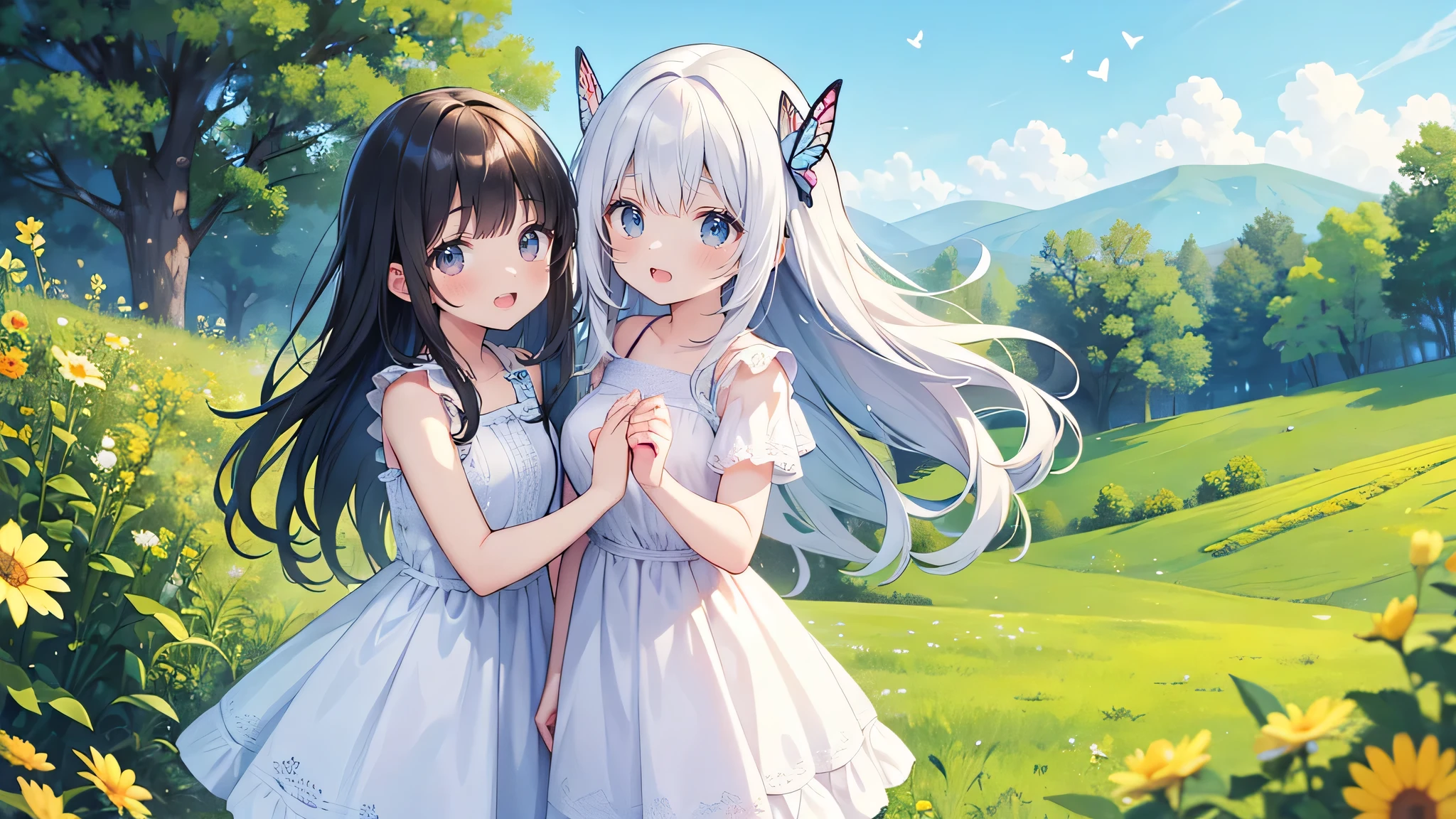 Two pure and innocent girls,12 years old、(2 people)、Cute face、smile、Beautiful Eyes、White skin、Natural Beauty、Warm sunshine、Wildflowers swaying in the wind々Surrounded by、Enjoying time in the fields。Butterflies and birds flutter around her、Creates a playful atmosphere。