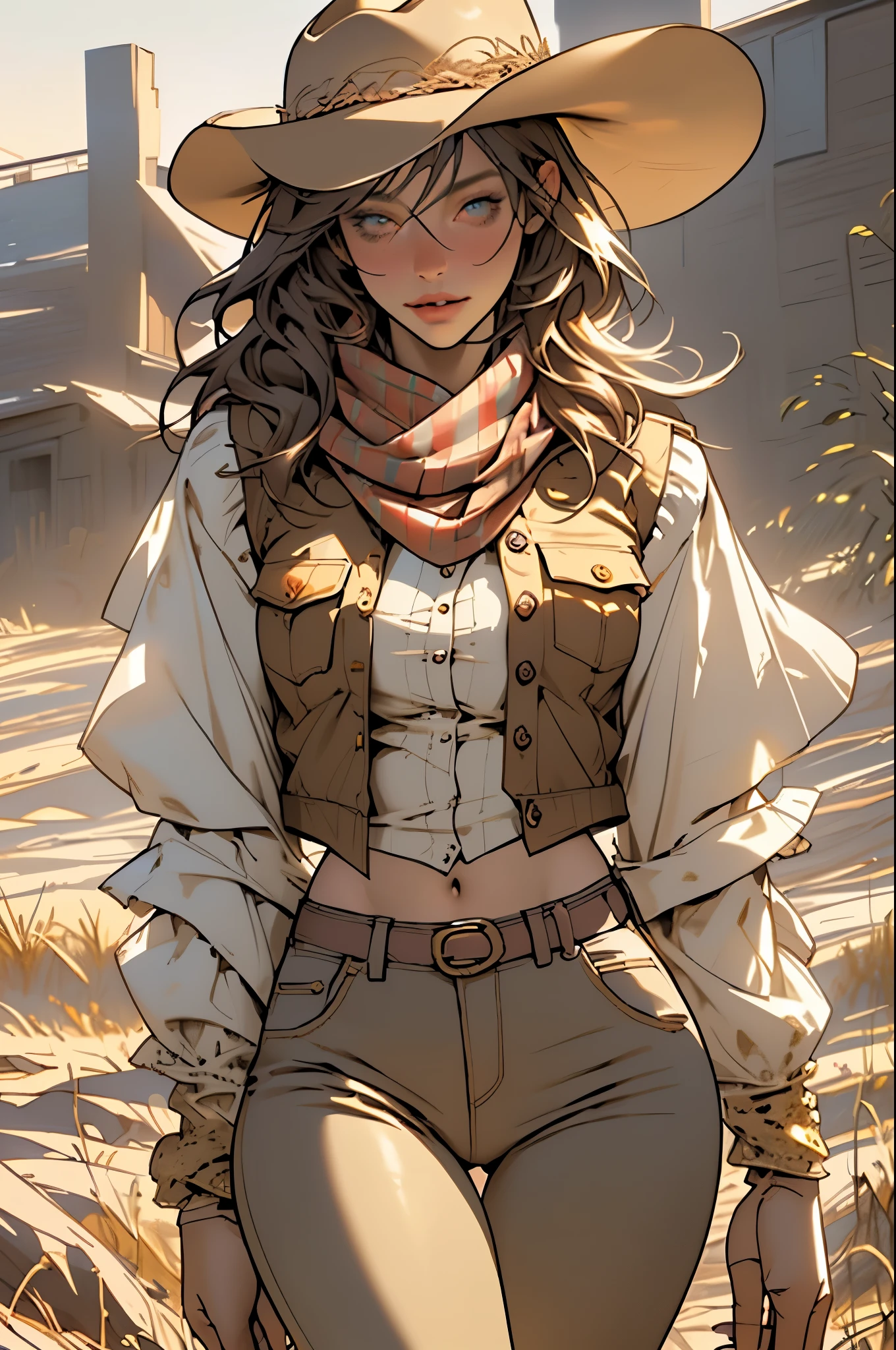 (highest quality, Super detailed, realistic:1.37), outdoor, girl, beautiful face, detailed and beautiful eyes, beautiful detailed lips, cowboy hat, vest with fringes, slim waist, slender thighs, thigh gap, slim thighs, show belly, pants, scarf, With confidence, medium chest, dusty farm landscape, golden hour lighting
