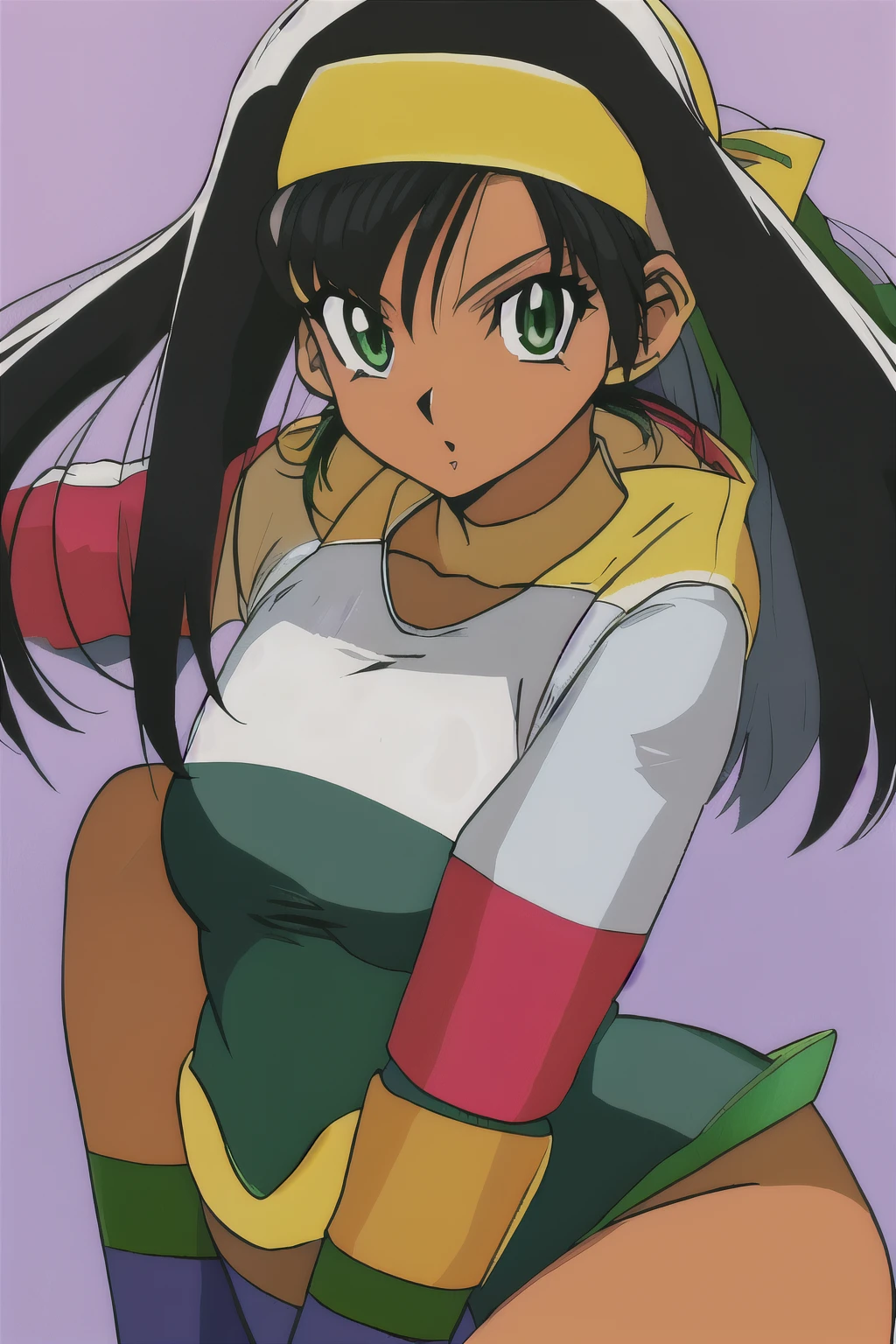 Digimon Adventure(1999),  girl, long black hair, green eyes, black headband, sports outfit, brown skin 