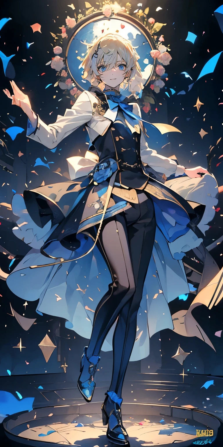 (Mastepiece), (Best Quality), Very detailed, ((1 boy)), Perfect Face, Beautiful Face, Very detailedな顔,((Blonde_short hair_Blue eyes:1.3)),Full body photography、Male solo idol、microphone、Concert Dome、Lots of confetti、(smile:1.4)、Open your mouth wide、sing、dance