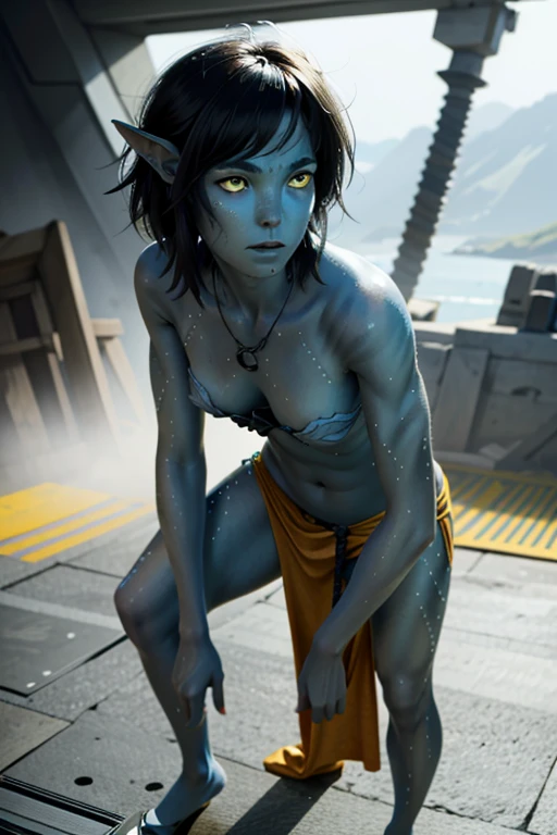 ((ultra detailed, masterpiece, absurdres))
AvKiri, 1girl, blue skin, yellow eyes, black hair, short hair, full body,