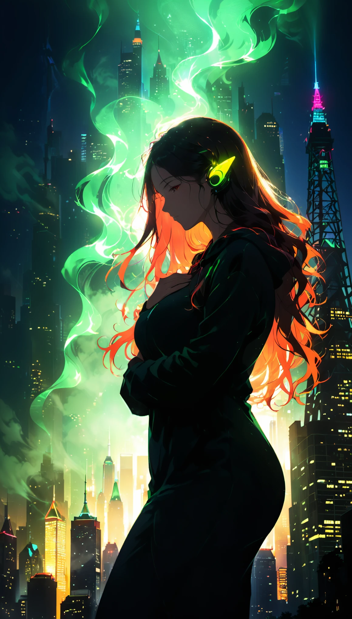 (cowboy_shot:1.4),1girl,(very long hair:1.3),(wavy hair:1.3),(bright cityscape pattern on clothes:2.1),(wide hood:1.4),hoodie,headphones,silhouette,
(skyline:1.5),(cityscape:1.7),(a big iron tower:1.3),Standing at the top of the tower,green theme,low saturation,darkness,silhouette,(Background with rich lines:0.5),detail glow red eyes,(looking the view:1.5),Girl with red eyes,(Dark atmosphere,shadow,Silhouette,Minimalist style,dark,Very strong darkness:0.5),(curvy pose:1.3),(dynamic_angle:1.2),(dutch angle:1.2),
glowing,neon,from_below,from_side,(diffracted lightfog:1.3),(tidy up the hair behind the ears:1.6),hug your chest with one hand,(wind with long hair blowing:1.3),