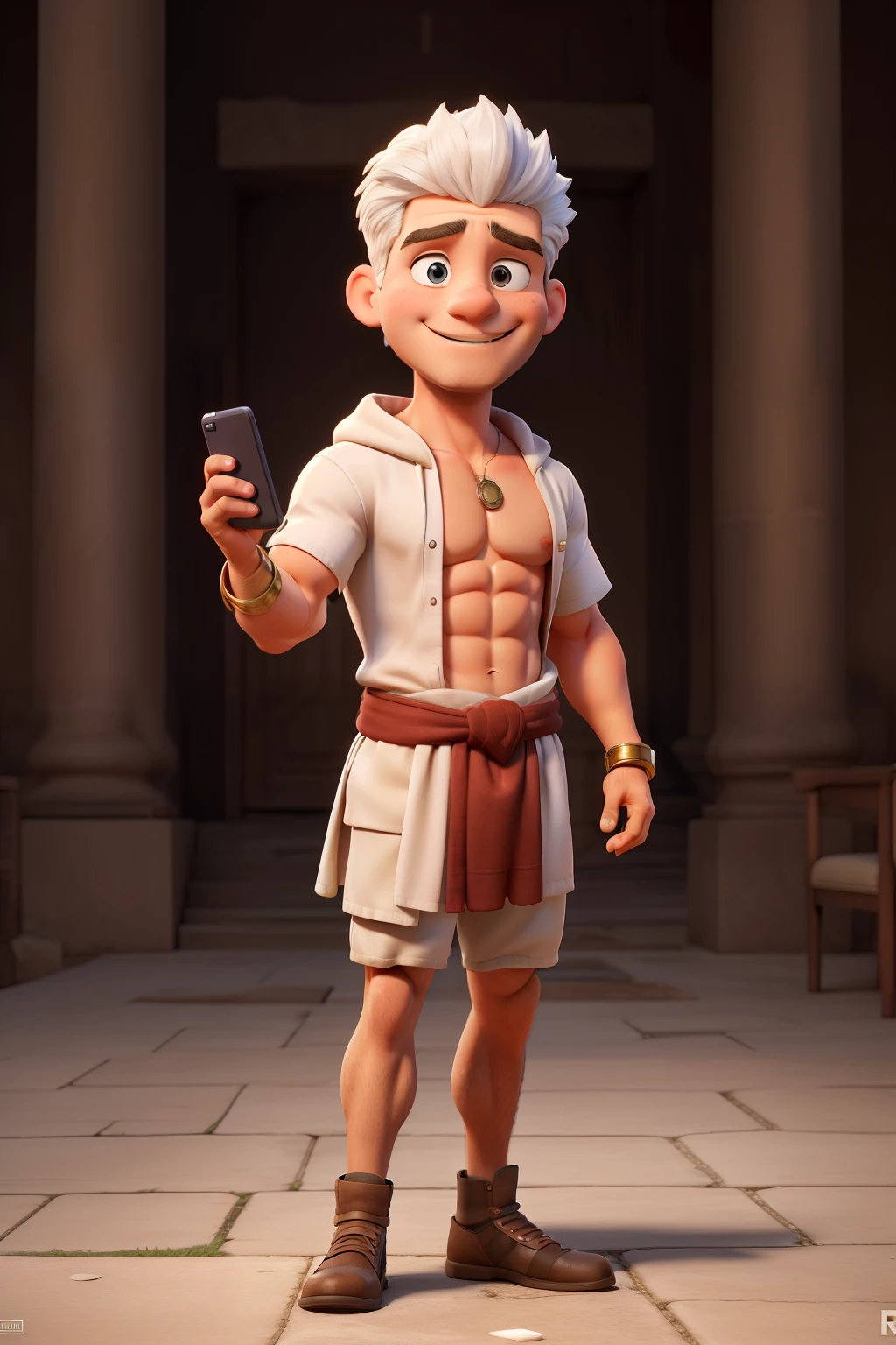 Adult bodybuilder character, Roman hero, his eyes are big and he smiles. His hair is platinum and he wears the white clothes of a Roman king. A Roman toga, draped over the shoulders and around the body. And he is holding a cell phone in his left hand.