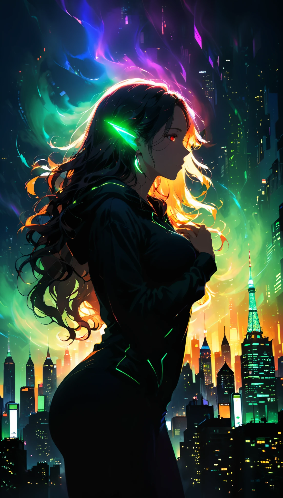 (cowboy_shot:1.4),1girl,(very long hair:1.3),(wavy hair:1.3),(bright cityscape pattern on clothes:2.1),(wide hood:1.4),hoodie,headphones,silhouette,
(skyline:1.5),(cityscape:1.7),(a big iron tower:1.3),Standing at the top of the tower,green theme,low saturation,darkness,silhouette,(Background with rich lines:0.5),detail glow red eyes,(looking the view:1.5),Girl with red eyes,(Dark atmosphere,shadow,Silhouette,Minimalist style,dark,Very strong darkness:0.5),(curvy pose:1.3),(dynamic_angle:1.2),(dutch angle:1.2),
glowing,neon,from_below,from_side,(diffracted lightfog:1.3),(tidy up the hair behind the ears:1.6),hug your chest with one hand,(wind with long hair blowing:1.3),