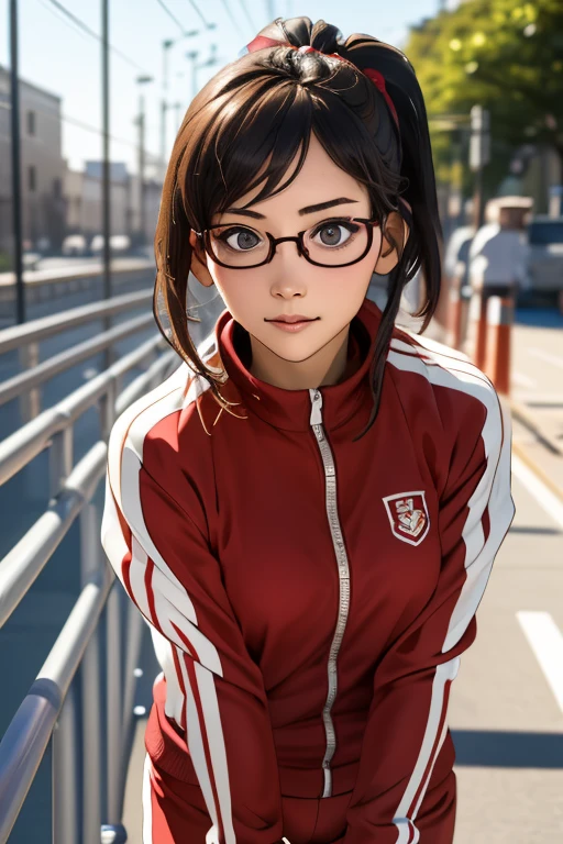 (masterpiece, highest quality), One Girl,  Satou, Satou, Glasses, 赤いフレームのGlasses, Under-rim eyewear, Satou, Glasses, 赤いフレームのGlasses, Under-rim eyewear, Track jacket, Track pants