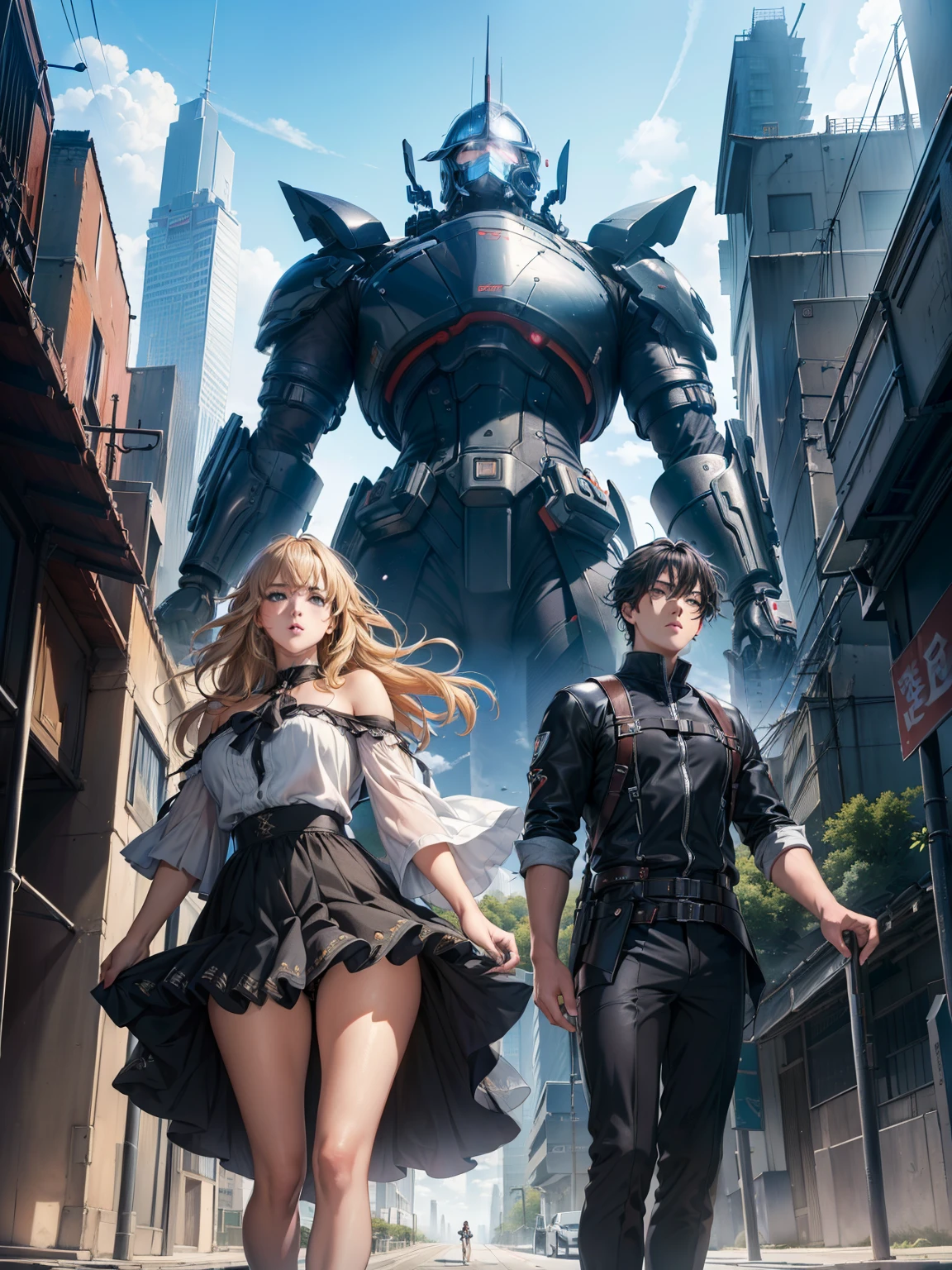 (best quality,high resolution,masterpiece:1.4),ultra-detailed,((detailed face, detailed expressions)),new anime title screen, "show title","subtitle episode number", introduction illustrations for two characters (1girl, 1boy), dynamic poses against the backdrop of a futuristic cityscape with motion blur.