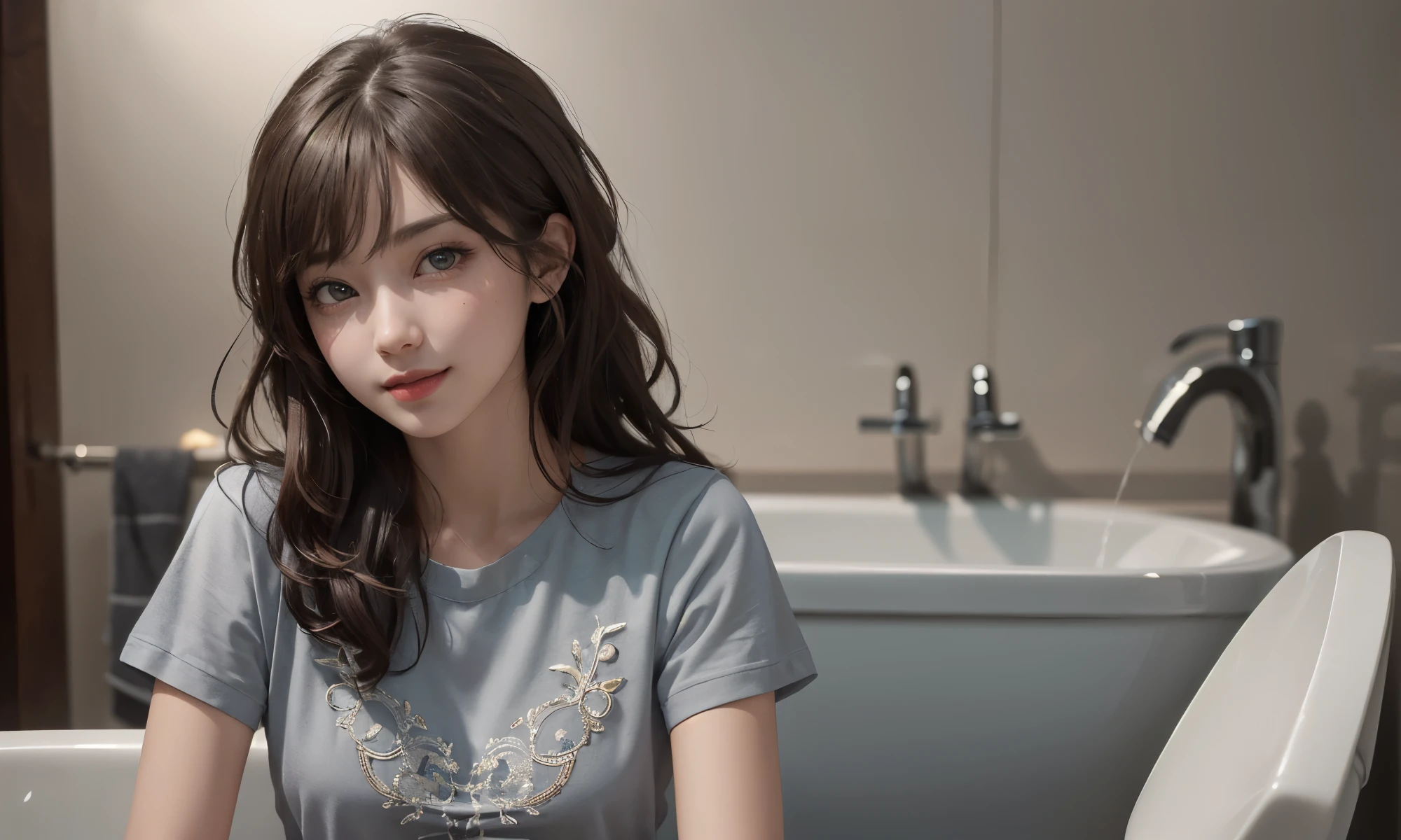 (masterpiece:1.2), (photorealistic:1.2), (best quality),((realistic:1.3)), (detailed skin:1.3), (intricate details), dramatic, quality,realistic lighting, small breasts,1girl,aalisa, long hair, blunt_bangs, purple_eyes, grey eyes, T shirt, smile,looking at viewer, bathroom , solo, black hair, Stand 