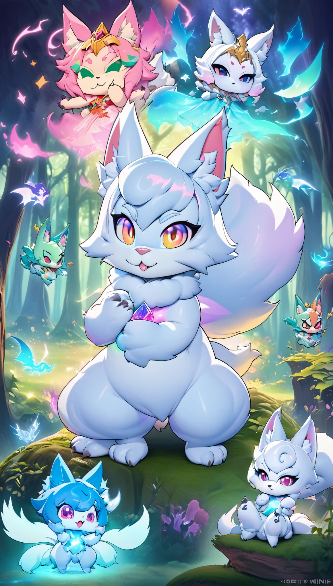 super deformed, furry, funny, best quality, super fine, 16k, fluffy green and white cute fox with nine tails, spirit beast, cute expression, cute gestures, cute pose, lots of energy, in the forest, fantasy world image, fantastic and mysterious, variety of visual styles that combine various artistic elements like a sparkling iridescent pastel and vivid colors