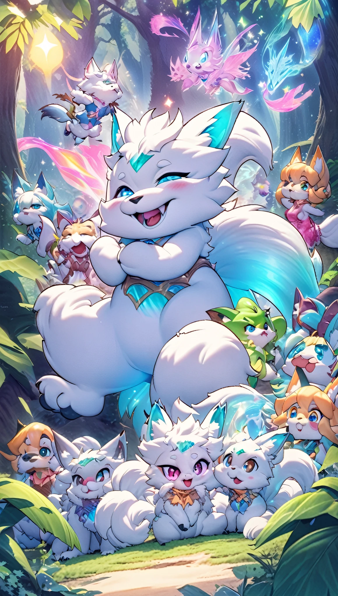 super deformed, furry, funny, best quality, super fine, 16k, fluffy green and white cute fox with nine tails, spirit beast, cute expression, cute gestures, cute pose, lots of energy, in the forest, fantasy world image, fantastic and mysterious, variety of visual styles that combine various artistic elements like a sparkling iridescent pastel and vivid colors
