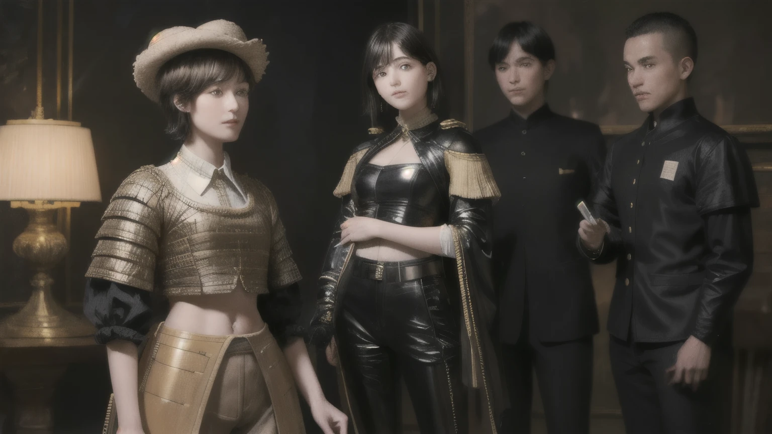 222 Short Hair, 20-year-old woman, A kind smile, (Luxurious stables), (Rembrandt-style painting), (machinery suit, Clothes that show abs、Clothes with short sleeves)