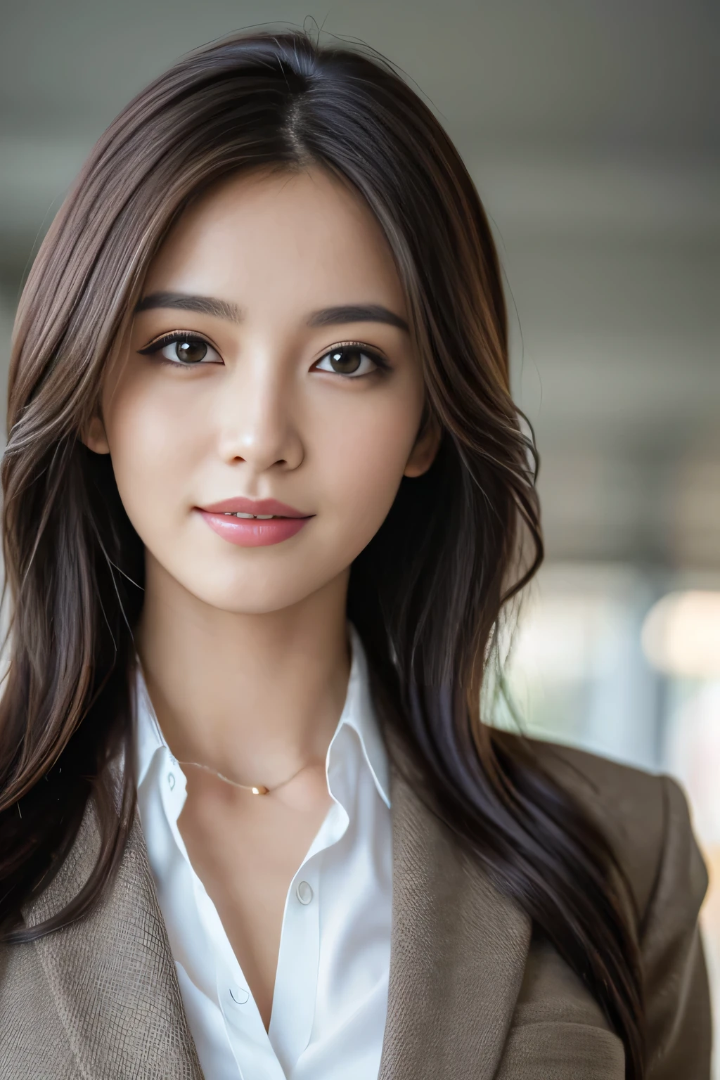 Tabletop, highest quality, Realistic, Very detailed, finely, High resolution, 8k wallpaper, One beautiful woman,, Light brown messy hair, Wear a business suit, Sharp focus, Perfect dynamic composition, Beautiful and detailed, Thinning hair, Detailed Realistic skin texture, smile, Close-up portrait, Model Body Type