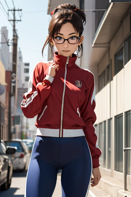 (masterpiece, highest quality), One Girl,  Satou, Satou, Glasses, 赤いフレームのGlasses, Under-rim eyewear, Satou, Glasses, 赤いフレームのGlasses, Under-rim eyewear, Track jacket, Track pants