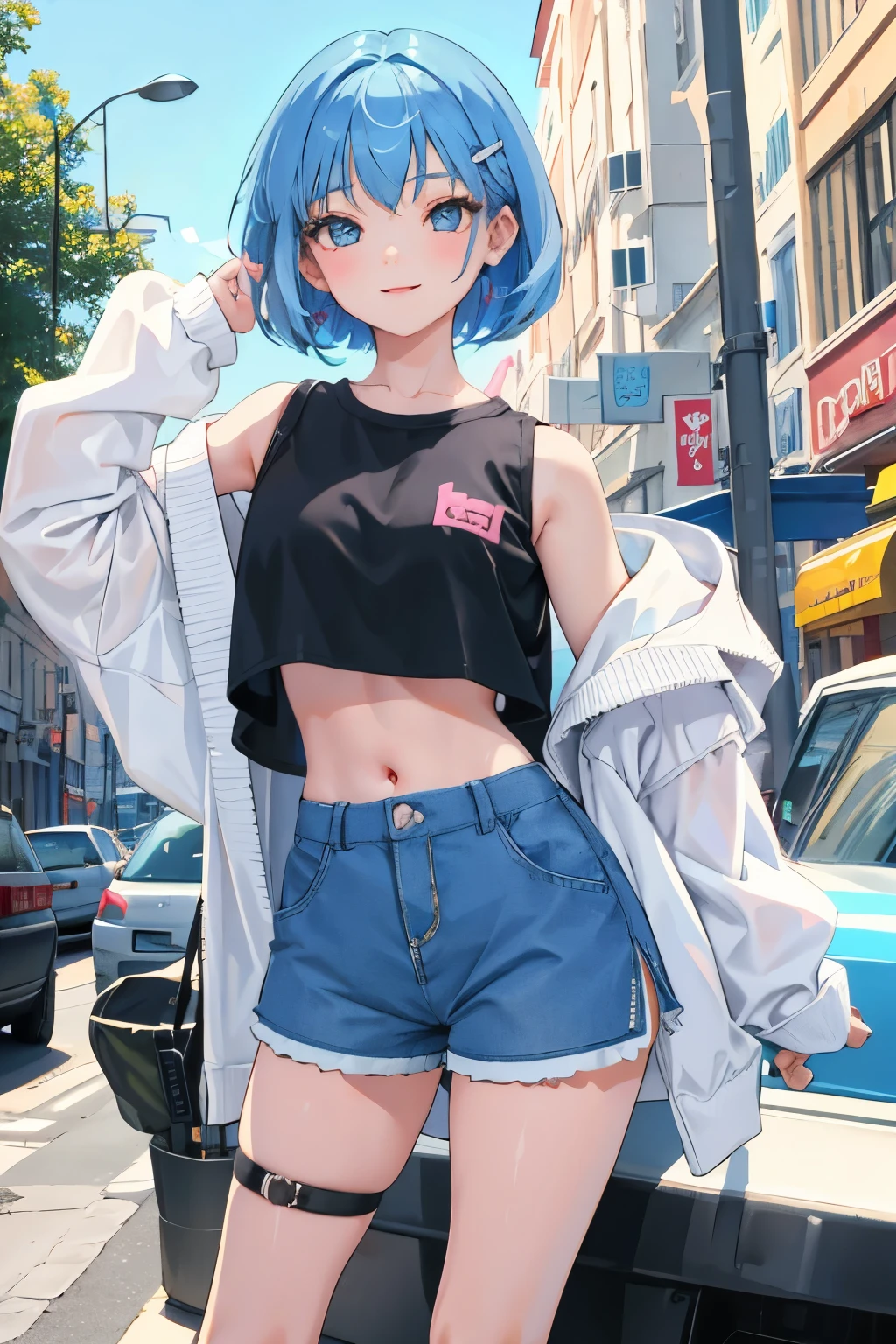 (short cute girl，young delicate girl）,（masterpiece，Top quality)，crop top look，pastel hoodie，(gingham check shorts)，assh hair，Bob, blue eye, big smile, toy world,feminine