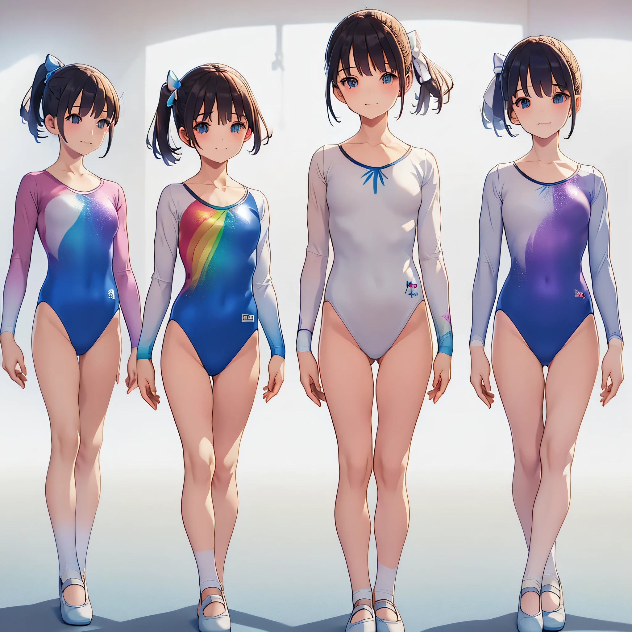 Gymnastics club,(4 girls:1.3),(long sleeves leotard:1.3),(rainbow print leotard:1.3),(white leotard),full body, pony tail, blue ribbon, long hair, blindfold, (over , under 19 years old:1.2), ballet shoes, white background