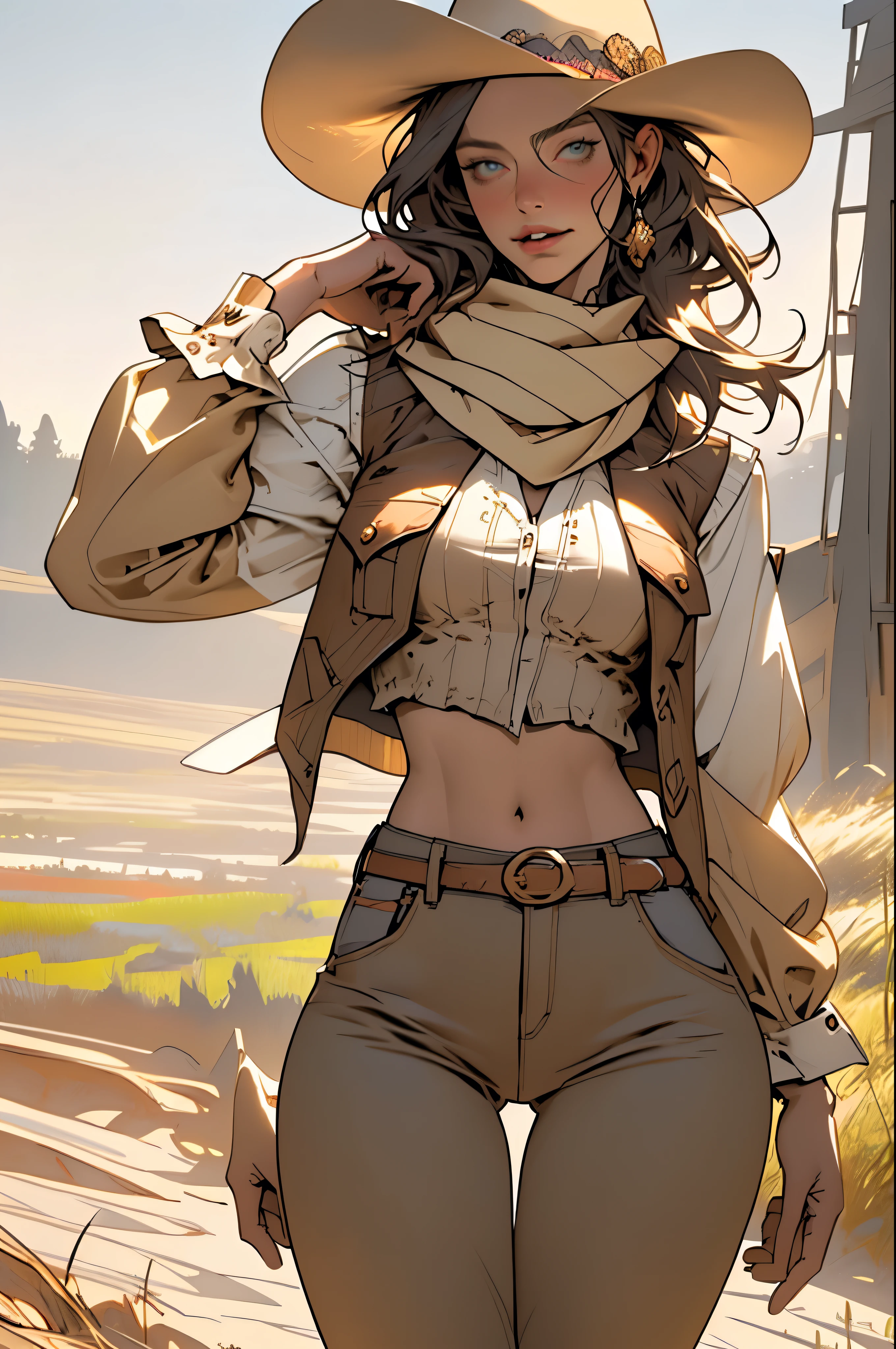 (highest quality, Super detailed, realistic:1.37), outdoor, girl, beautiful face, detailed and beautiful eyes, beautiful detailed lips, cowboy hat, vest with fringes, slim waist, slender thighs, thigh gap, slim thighs, show belly, pants, scarf, With confidence, medium chest, dusty farm landscape, golden hour lighting