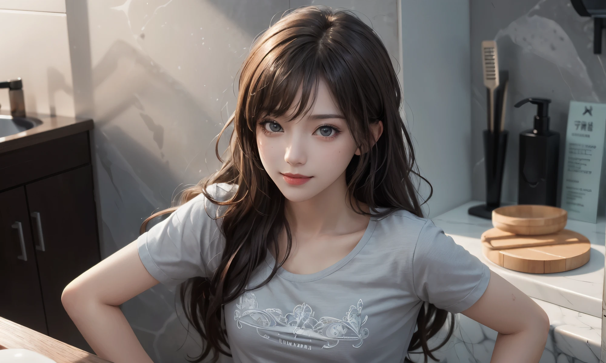 (masterpiece:1.2), (photorealistic:1.2), (best quality),((realistic:1.3)), (detailed skin:1.3), (intricate details), dramatic, quality,realistic lighting, small breasts,1girl,aalisa, long hair, blunt_bangs, purple_eyes, grey eyes, T shirt, smile,looking at viewer, bathroom , solo, black hair, Stand 