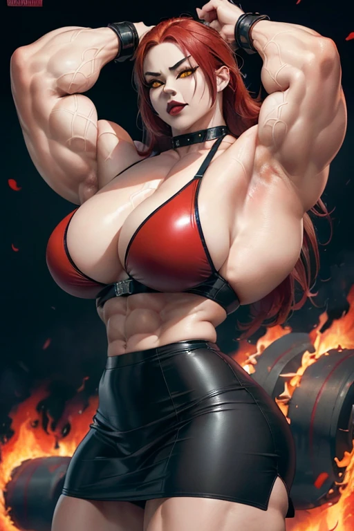 ((((Massive, beautiful, buff, pale white skinned, muscular asian woman with red hair, black lipstick, glowing yellow eyes, ginormous bulky muscles, and wearing a black leather sports bra with loose skirt)))), close view, massive muscles, massive biceps, hyper muscle triceps, (long hair), yellow eyes, (studded wristband), (loose skirt), high heels boots, (in a sea of crimson red flames), surrounded by crimson red fire, night, smirk, hyper muscles arms, hyper muscle legs, massive arms.
