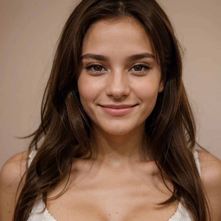 Femmes de 23 ans brune , mignonne et qui sourit légèrement. Regarde en face de la caméra