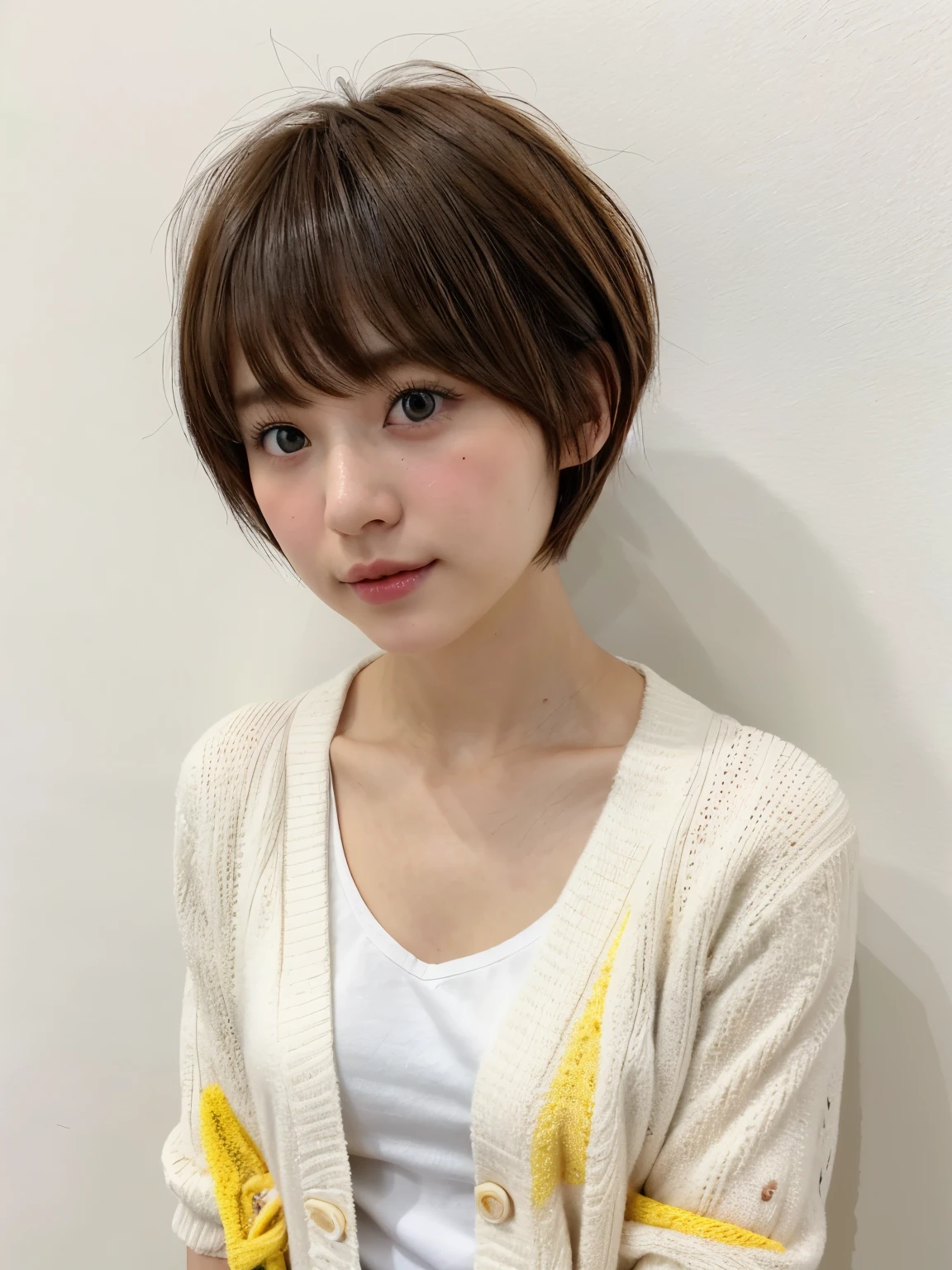 Stylish spring clothes、fluffy hair、(背景にWhite wall、Yellow Cardigan:1.4)、White wall、In front of a white door、(窓のあるWhite wallの部屋)、((highest quality、8k、masterpiece:1.3))、Ultra-high resolution、(photoGenuineistic:1.4)、RAW Photos、Japanese,(Detailed aspect)、Genuine、Photographed in natural light、Highly detailed face and skin texture、Highly detailed lips、The correct state of the human body、Short Hair、Brown Hair、Various poses、short hair、Shortcuts、Natural color lip、Pixie Cut、非常にShort Hair、profile、Look to the side