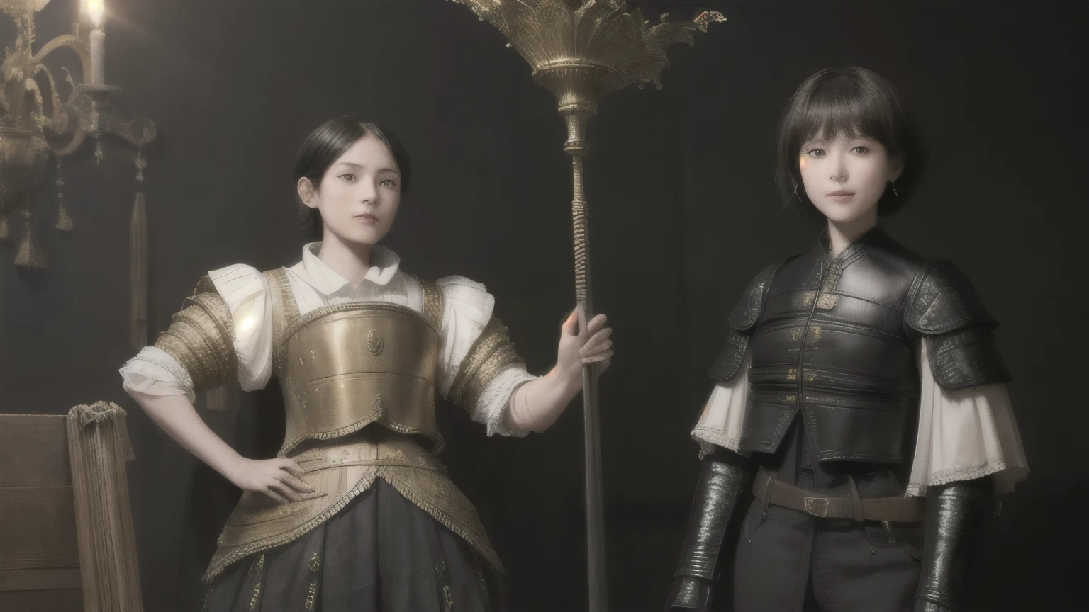 222 Short Hair, 20-year-old woman, A kind smile, (Luxurious stables), (Rembrandt-style painting), (machinery suit, Clothes that show abs、Clothes with short sleeves)