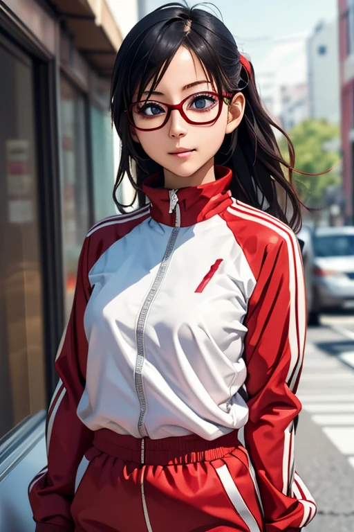 (masterpiece, highest quality), One Girl, Satou, Satou, Glasses, 赤いフレームのGlasses, Under-rim eyewear, Satou, Glasses, 赤いフレームのGlasses, Under-rim eyewear, Track jacket, Track pants,Head to Chest,