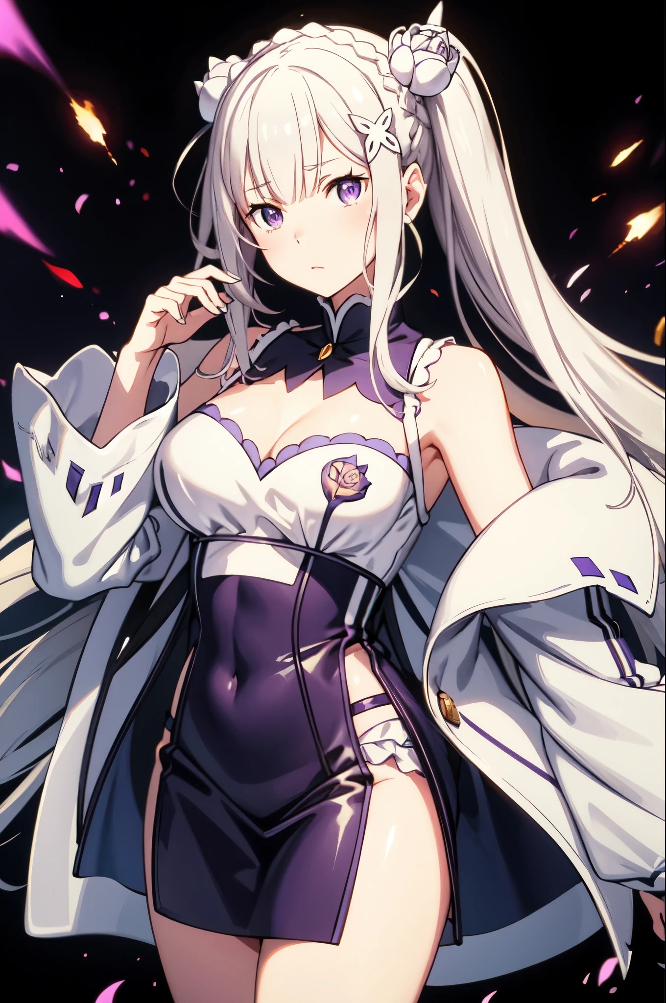 Emilia re:zero, purple eyes, Emilia, crown braid, x hair ornament, flower hair ornament, white hair, long hair, medium breasts, e-girl