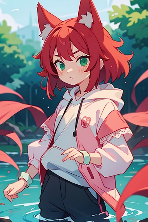Wolf Ears、Red Hair、Green Eyes、White lace outfit、Pink hoodie、Cuffs water color、Very short black trousers、