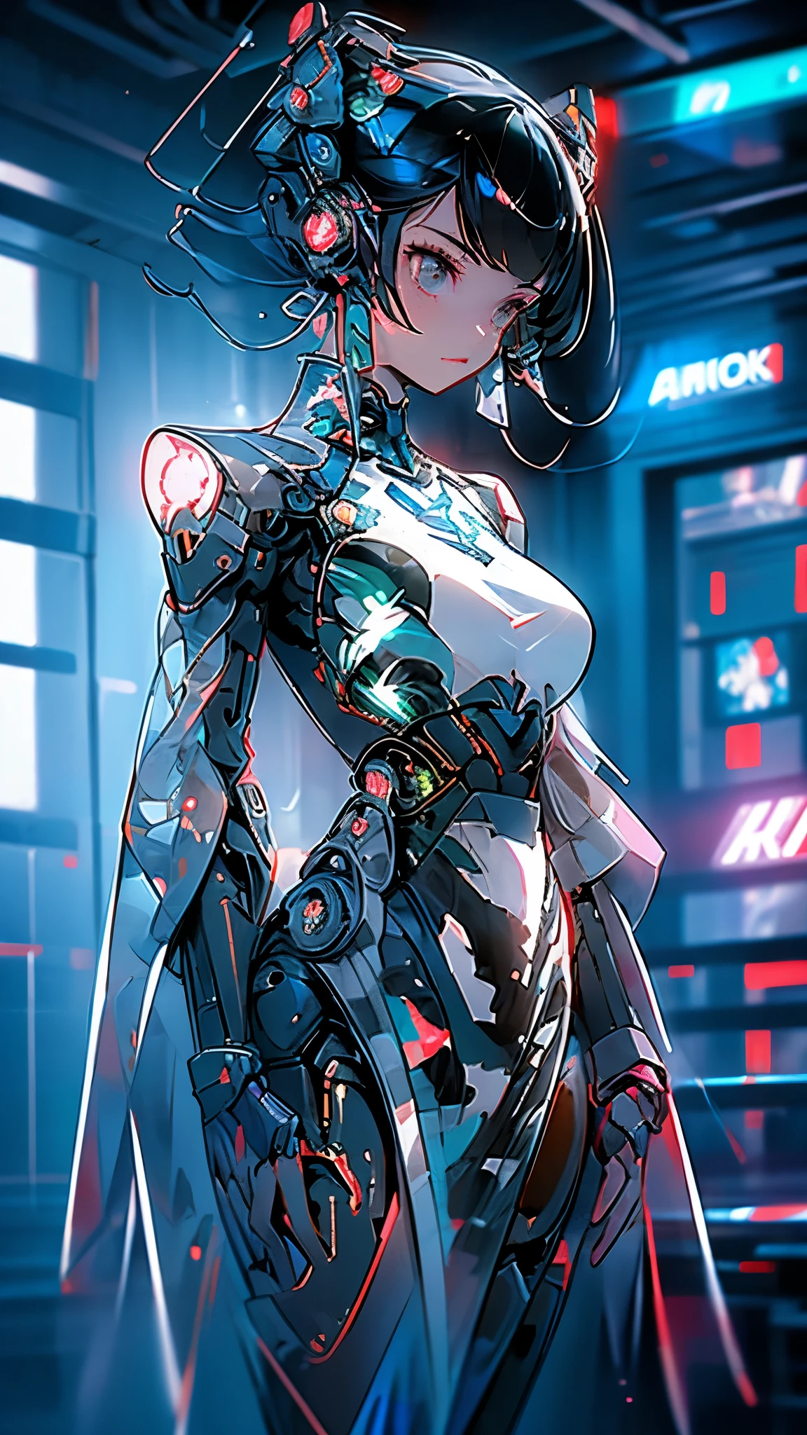 woman, short hair with pigtails, black bicolor hair, camouflage suit, big breasts, combat suit, carries a cyberpunk sub rifle, tight suit, shows her silhouette, neon lines on the suit, skull squad shield, battalion pose, Full body focus, High Definition.