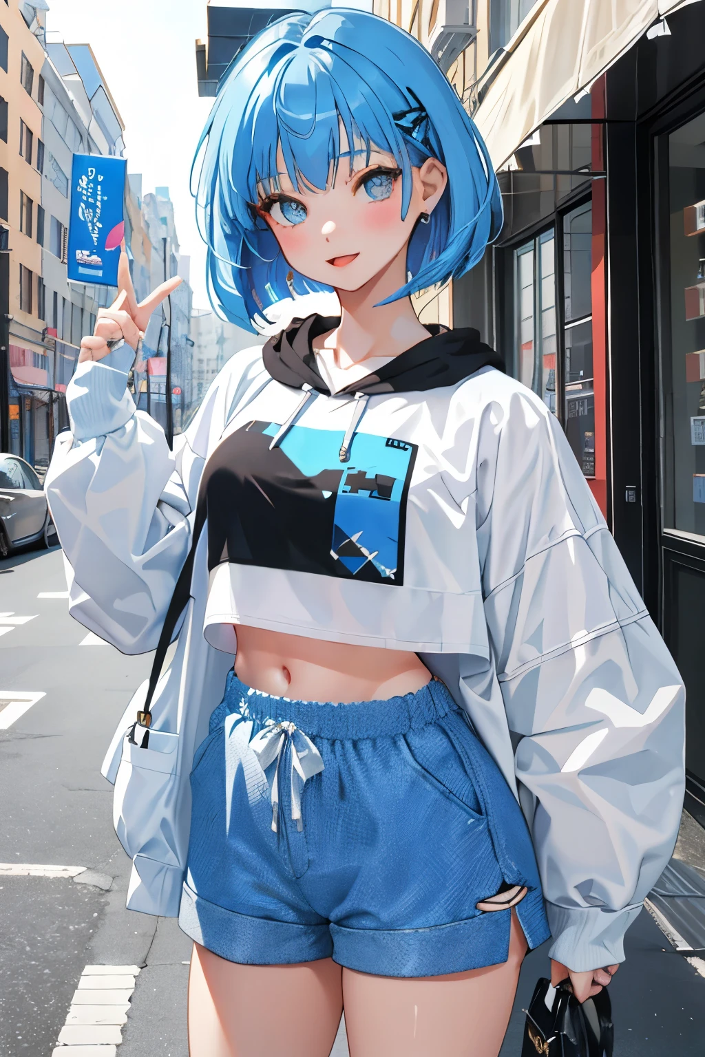 (short cute girl,young delicate girl),(masterpiece,Top quality),crop top look,pastel hoodie,(gingham check shorts),assh hair,Bob, blue eye, big smile, toy world