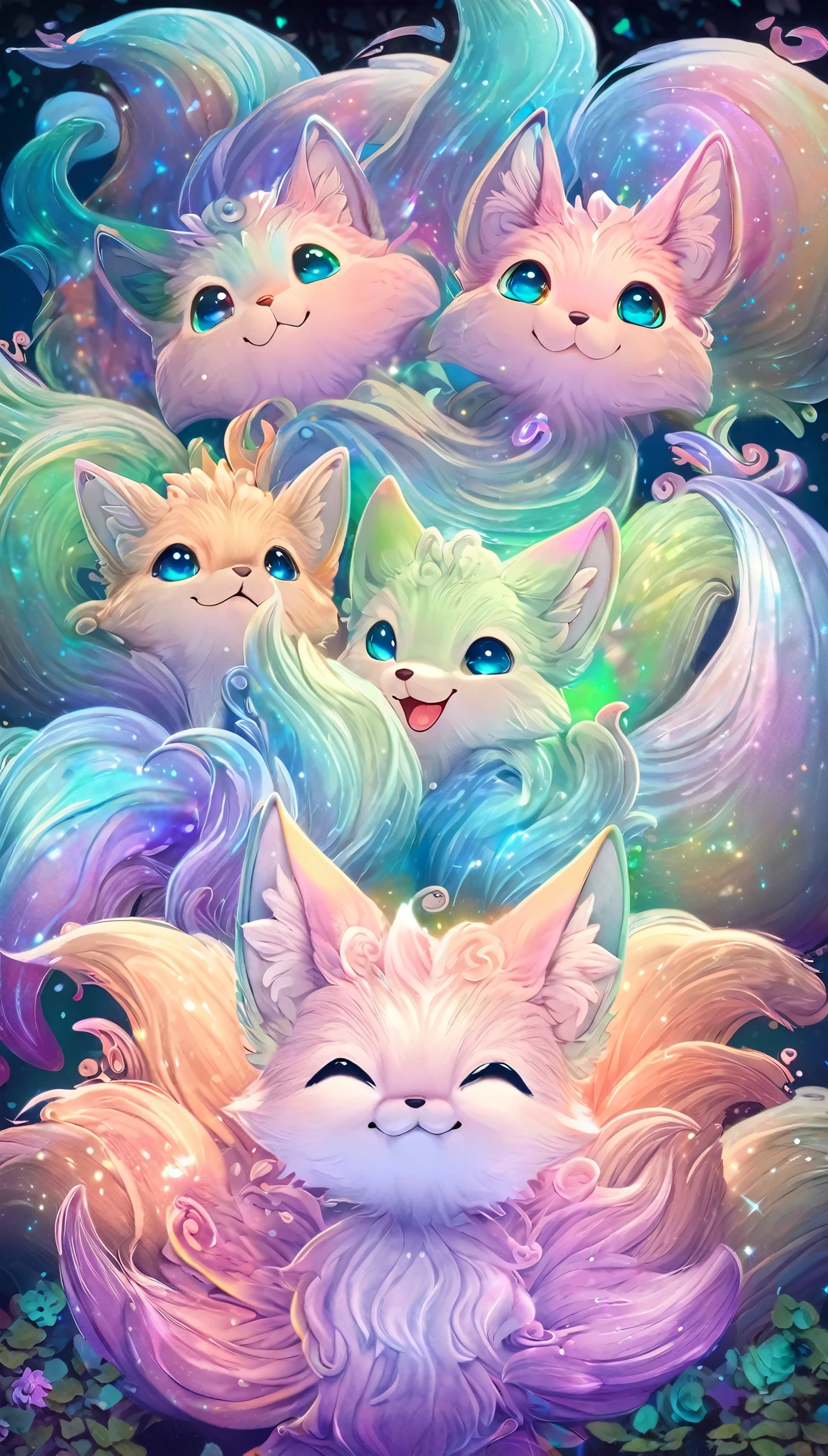 super deformed, furry, funny, best quality, super fine, 16k, one fluffy green cute fox with many tails, spirit beast, cute expression, cute gestures, cute pose, lots of energy, in the forest, fantasy world image, fantastic and mysterious, variety of visual styles that combine various artistic elements like a sparkling iridescent pastel and vivid colors