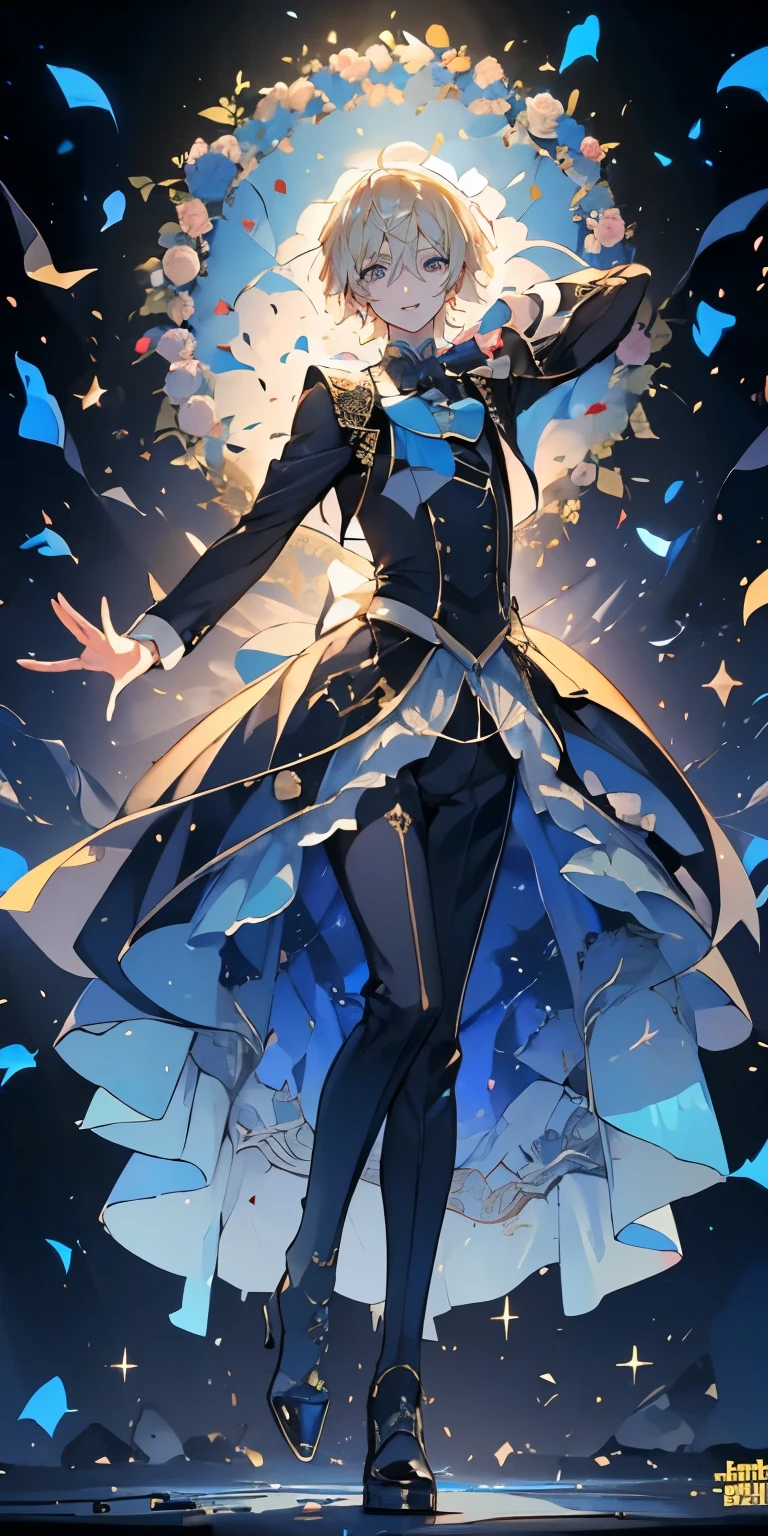 (Mastepiece), (Best Quality), Very detailed, ((1 boy)), Perfect Face, Beautiful Face, Very detailedな顔，((Blonde_short hair_Blue eyes:1.3))，Full body photography、Male solo idol、microphone、Concert Dome、Lots of confetti、(smile:1.4)、(Open your mouth wide)、sing、dance