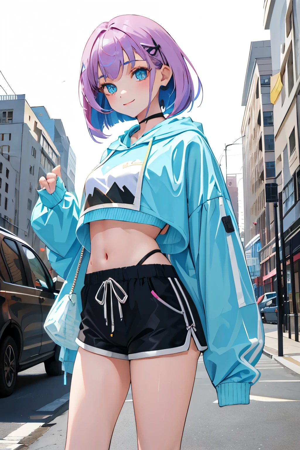 (short cute girl,young delicate girl),(masterpiece,Top quality),crop top look,pastel hoodie,(gingham check shorts),assh hair,Bob, blue eye, big smile, toy world