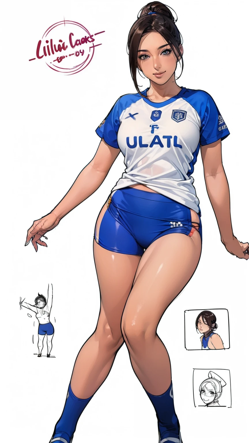 ((masterpiece)),(((best quality))),((Character Design Sheet)),((sketch)),((vulgar)),Thick thighs,1 girl,Big deal ,((Between breasts)),Cat Juice,Wearing wet sexy soccer uniform and soccer shoes,Half-lifted shirt,milking