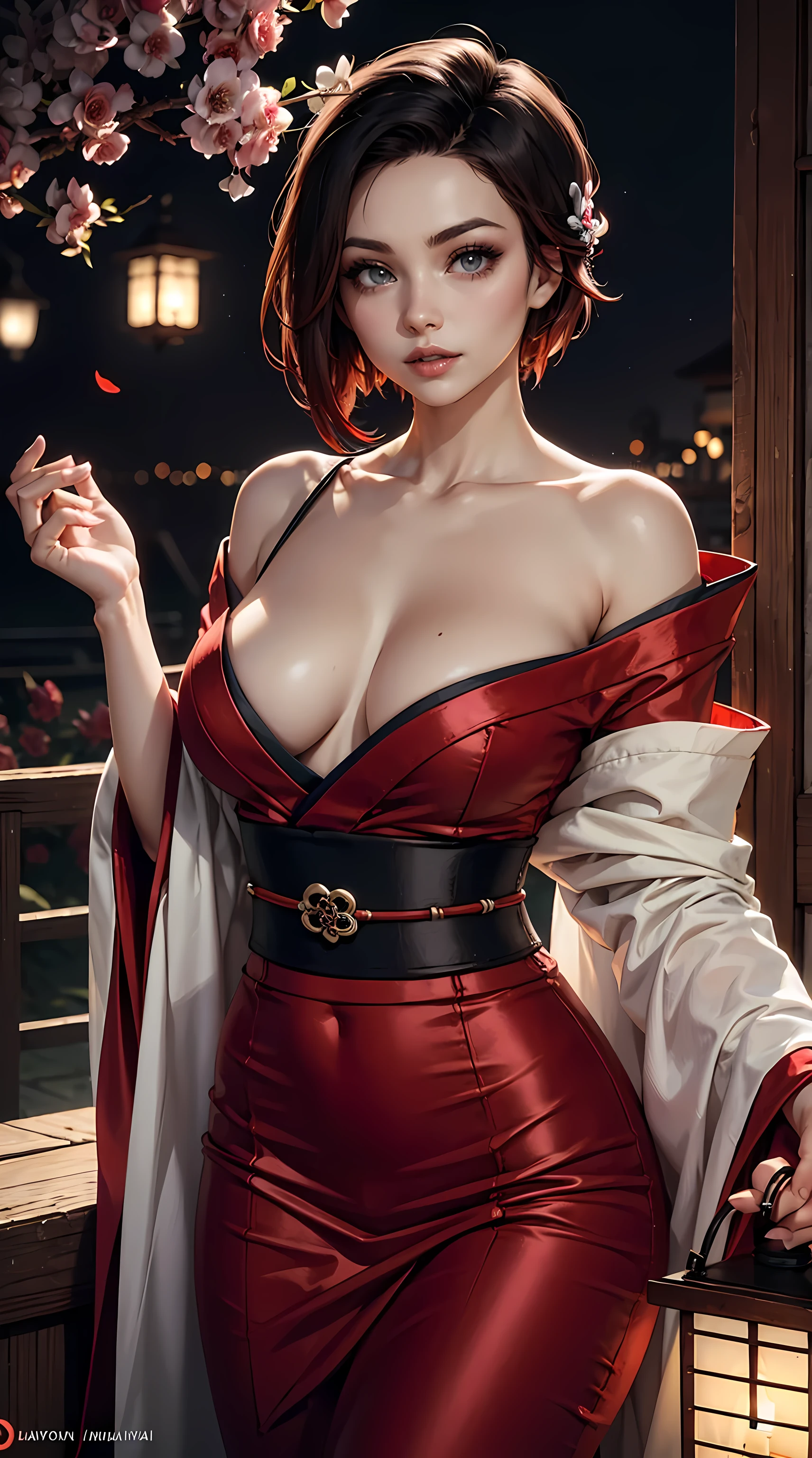 Beautiful short brunette hair woman is shown to have a slender figure, she is wearing a kimono, sexy look, flower in hair, red highlights, gray eyes, girl watching a lantern show ,sexy session, sexy pose, cowboy shot, superior quality, many details, realistic