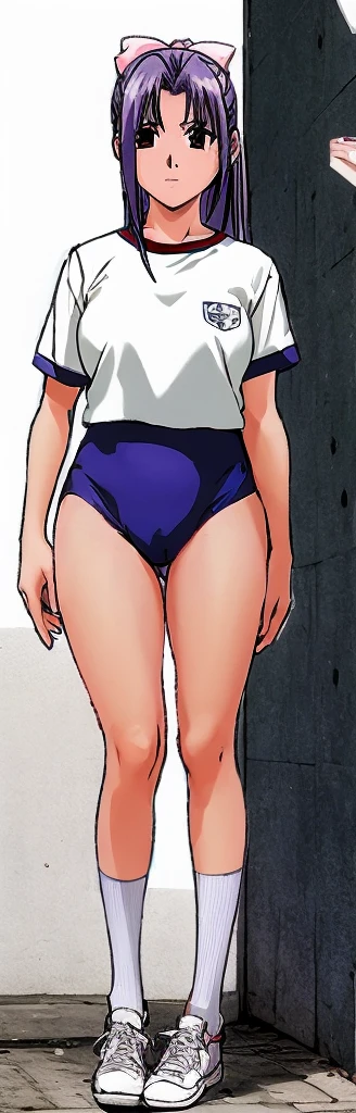 Momoko Koigakubo, a tall girl with beautiful legs, is wearing white gym clothes and light navy blue bloomers that look like panties, and is standing with her legs open and her legs spread to the side.。Genial look。