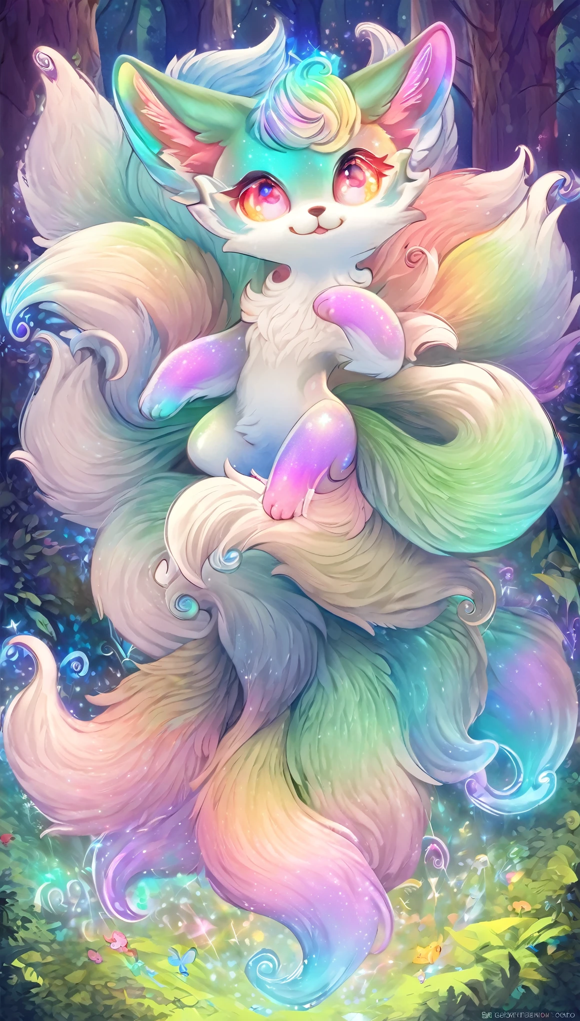 super deformed, furry, funny, best quality, super fine, 16k, fluffy green cute one fox with many tails, spirit beast, cute expression, cute gestures, cute pose, lots of energy, in the forest, fantasy world image, fantastic and mysterious, variety of visual styles that combine various artistic elements like a sparkling iridescent pastel and vivid colors
