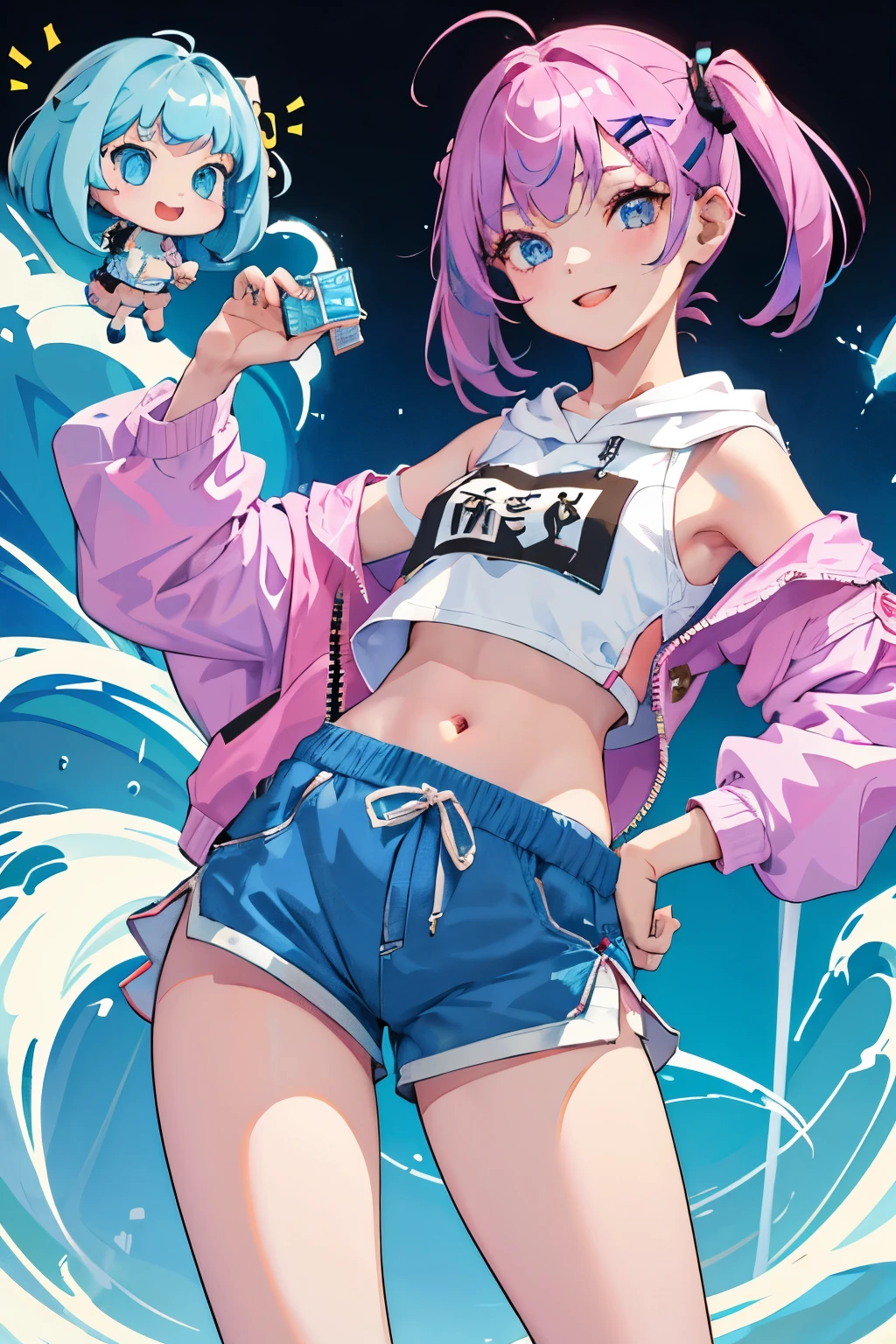 (short cute girl,small young student,young delicate girl),(masterpiece,Top quality),crop top look,pastel hoodie,(gingham check shorts),assh hair,Bob, blue eyes, big smile, twin tails,toy world