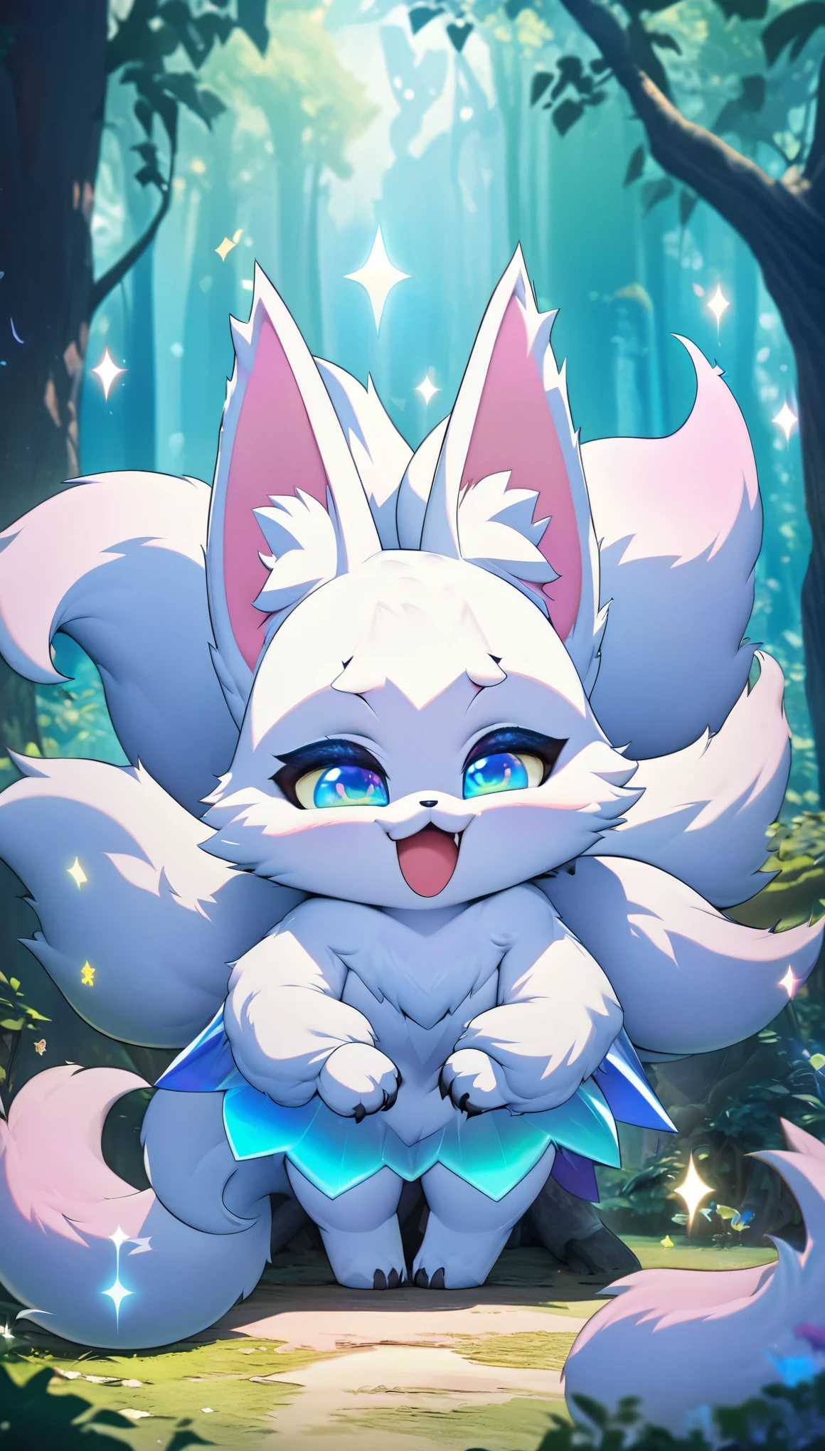super deformed, furry, funny, best quality, super fine, 16k, fluffy green cute one fox with many tails, spirit beast, cute expression, cute gestures, cute pose, lots of energy, in the forest, fantasy world image, fantastic and mysterious, variety of visual styles that combine various artistic elements like a sparkling iridescent pastel and vivid colors