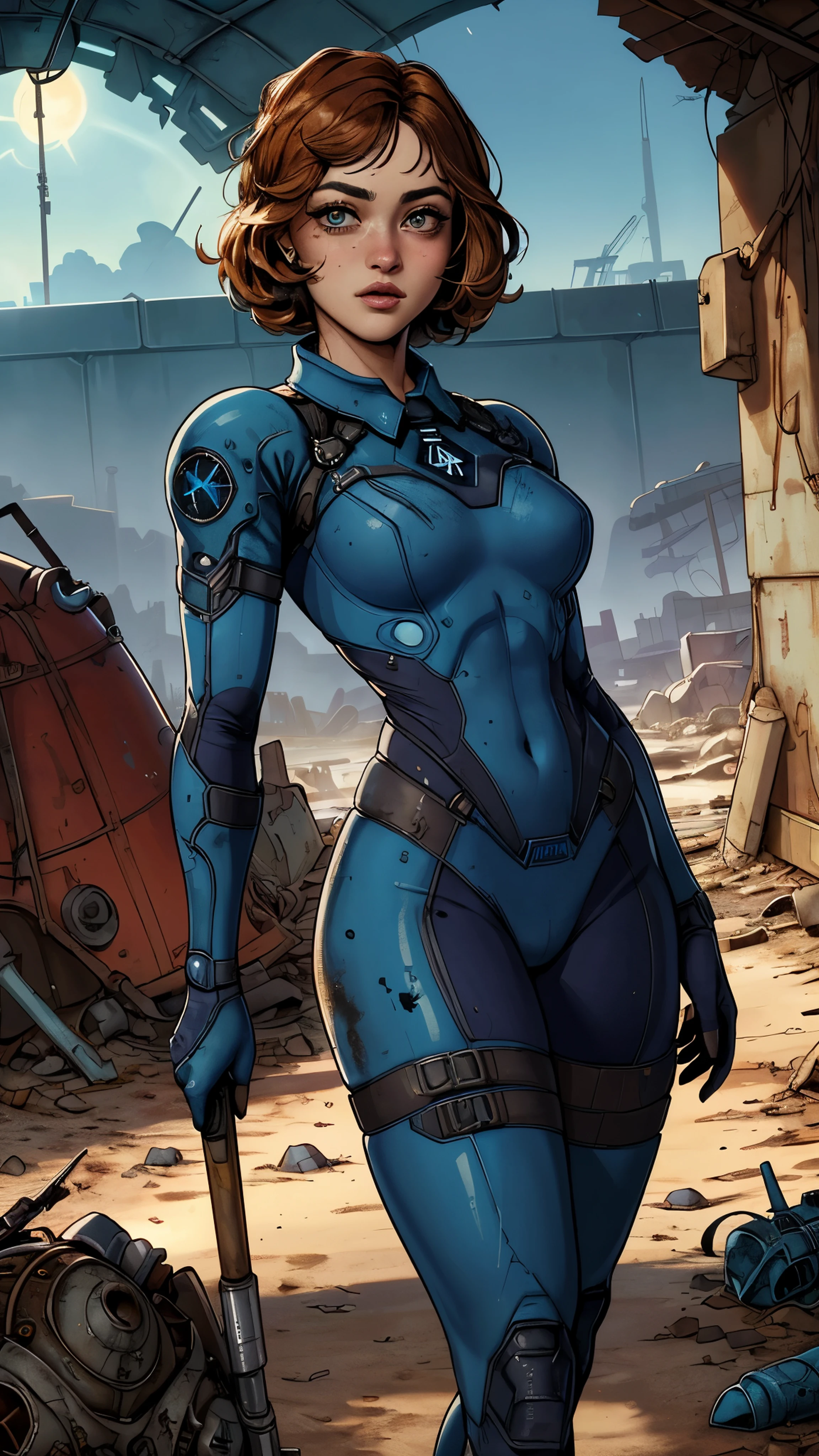 (La mejor calidad,A high resolution,Ultra - detallado,actual),Ella Purnell linda y nerd, (Ingrid Bergman:Gillian Jacobs:0.5), pelo negro ondulado atado en una cola de caballo, (wearing a blue vault suit from Fallout 4 with lots of details and slits), Cara de alto detalle, Piel de alto detalle, seductive expression, cuerpo perfecto, proporciones perfectas, a nuclear wasteland background with scattered ruins, alta calidad, Obra maestra, foto realista, intrincadamente detallado, 8k, hdr, poca profundidad de campo, luz amplia, alto contraste, Iluminar desde el fondo, Sharp focus, Foto en color crudo, Looking to the camera, cold colors, dynamic poses, (al estilo de Fallout 4:1.4) , (Detalles de la cara: 1.5, ojos azules brillantes, hermoso rostro, ojos bonitos, Contorno del iris, labios delgados: 1.5, Thin, sharp pale eyebrows, Long, dark eyelashes, double tabs),(Ella Purnell:1.4), (Ella Purnell V2.1)