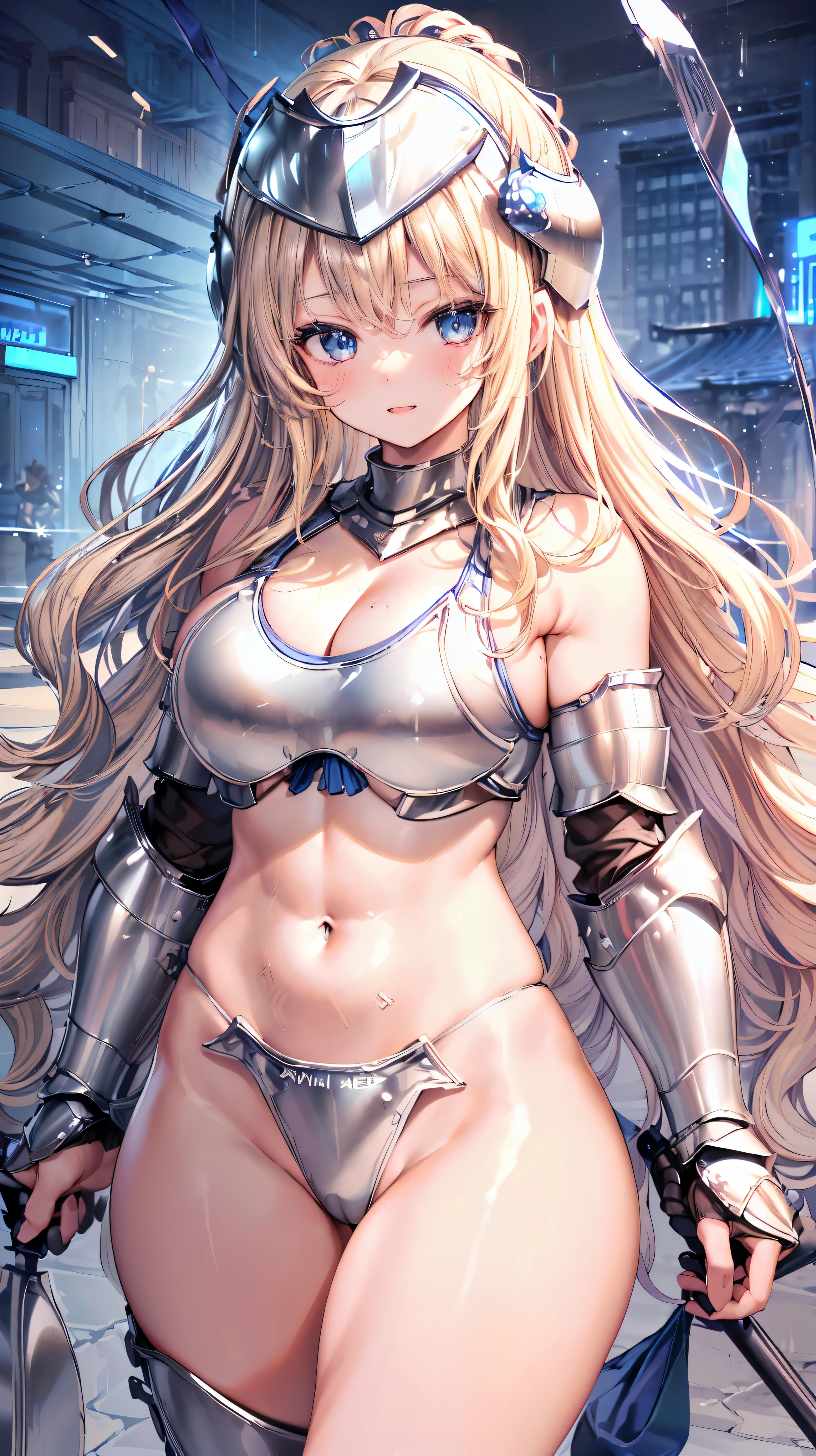 Very detailed、highest quality、Best image quality、masterpiece、8k、Anime Face、A kind smile、Open your mouth、Sparkling blue eyes、(Blonde wavy hair:1.5)、、Muscles of the whole body、camisole、Thigh belt、mini skirt、(Wearing silver bikini armor:1.5)、(Cowboy Shot:1.5)、(Leg armor:1.5)、(Wearing a helmet:1.5)